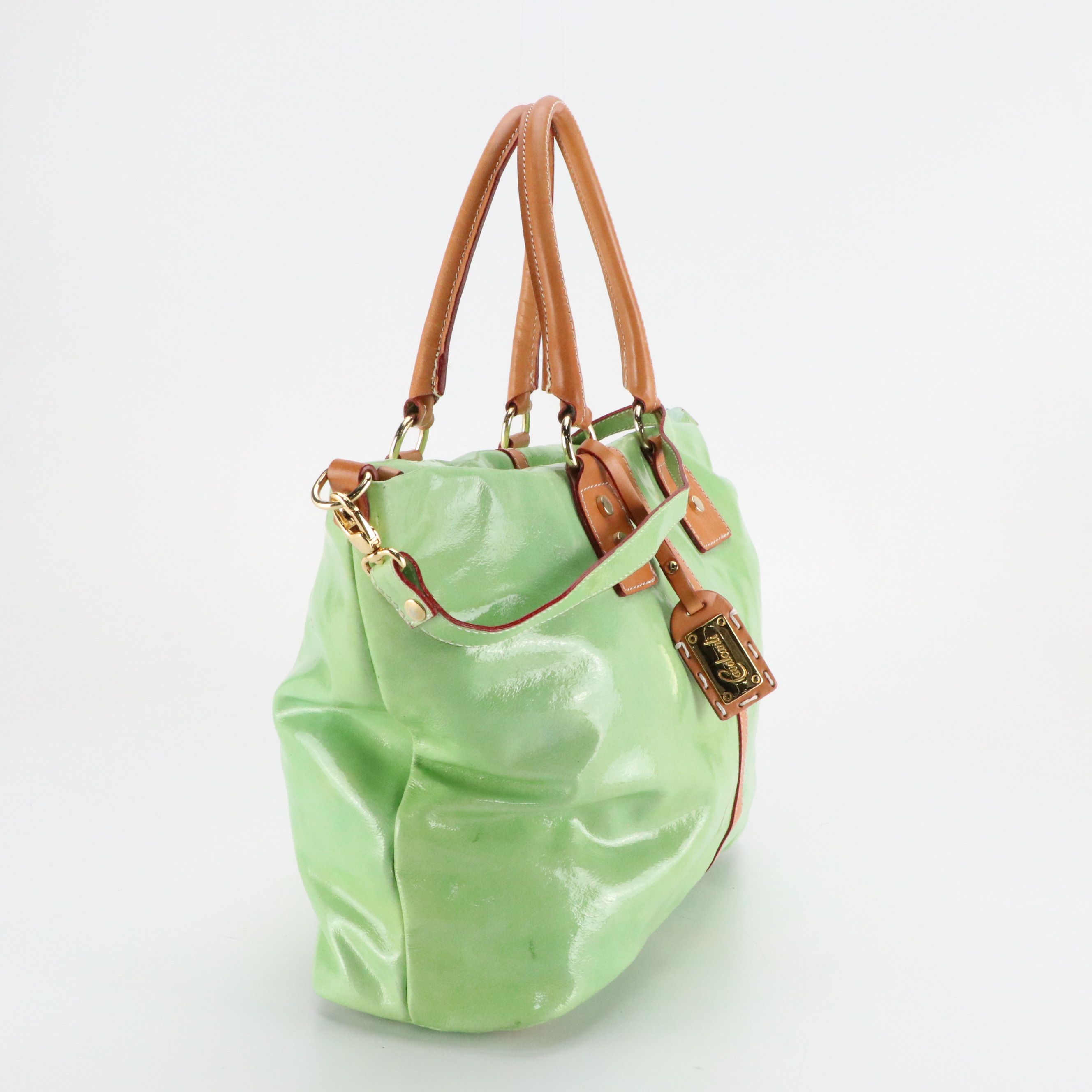 Cavalcanti Two-Way Tote Bag in Light Green Patent Leather and Tan Calfskin Trim