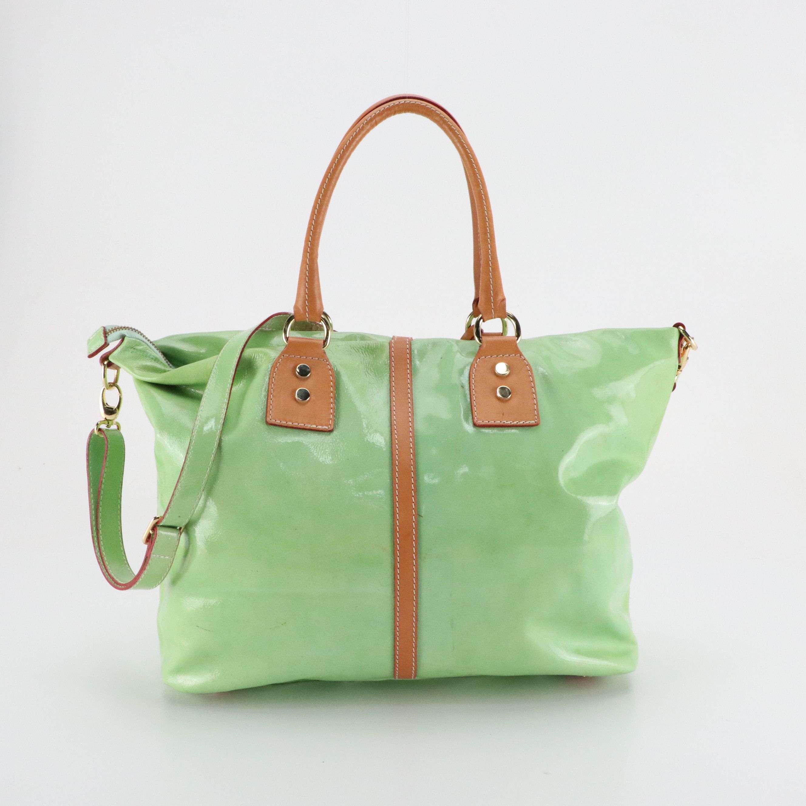 Cavalcanti Two-Way Tote Bag in Light Green Patent Leather and Tan Calfskin Trim