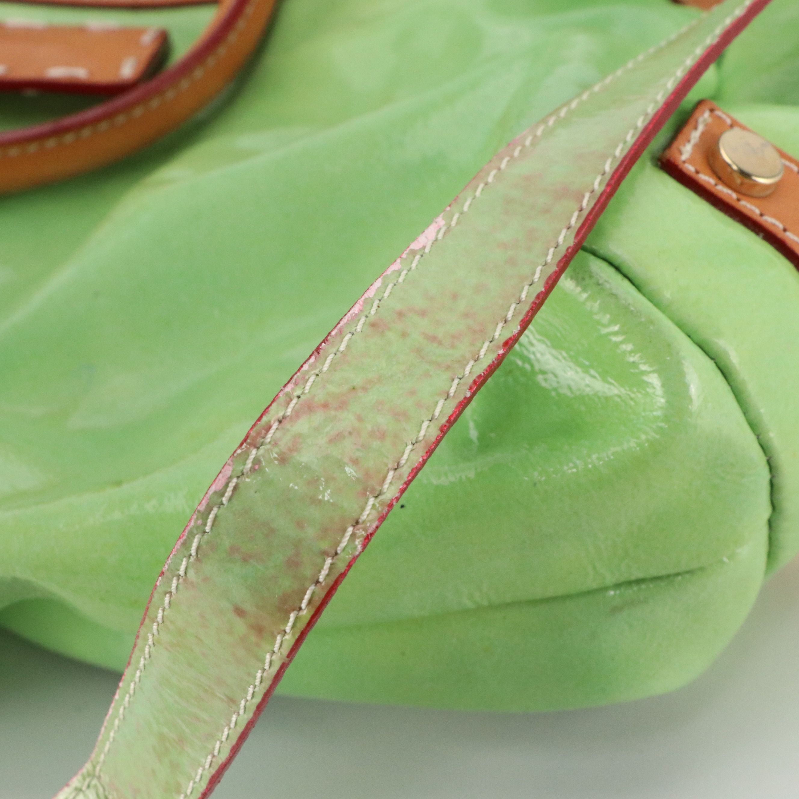 Cavalcanti Two-Way Tote Bag in Light Green Patent Leather and Tan Calfskin Trim