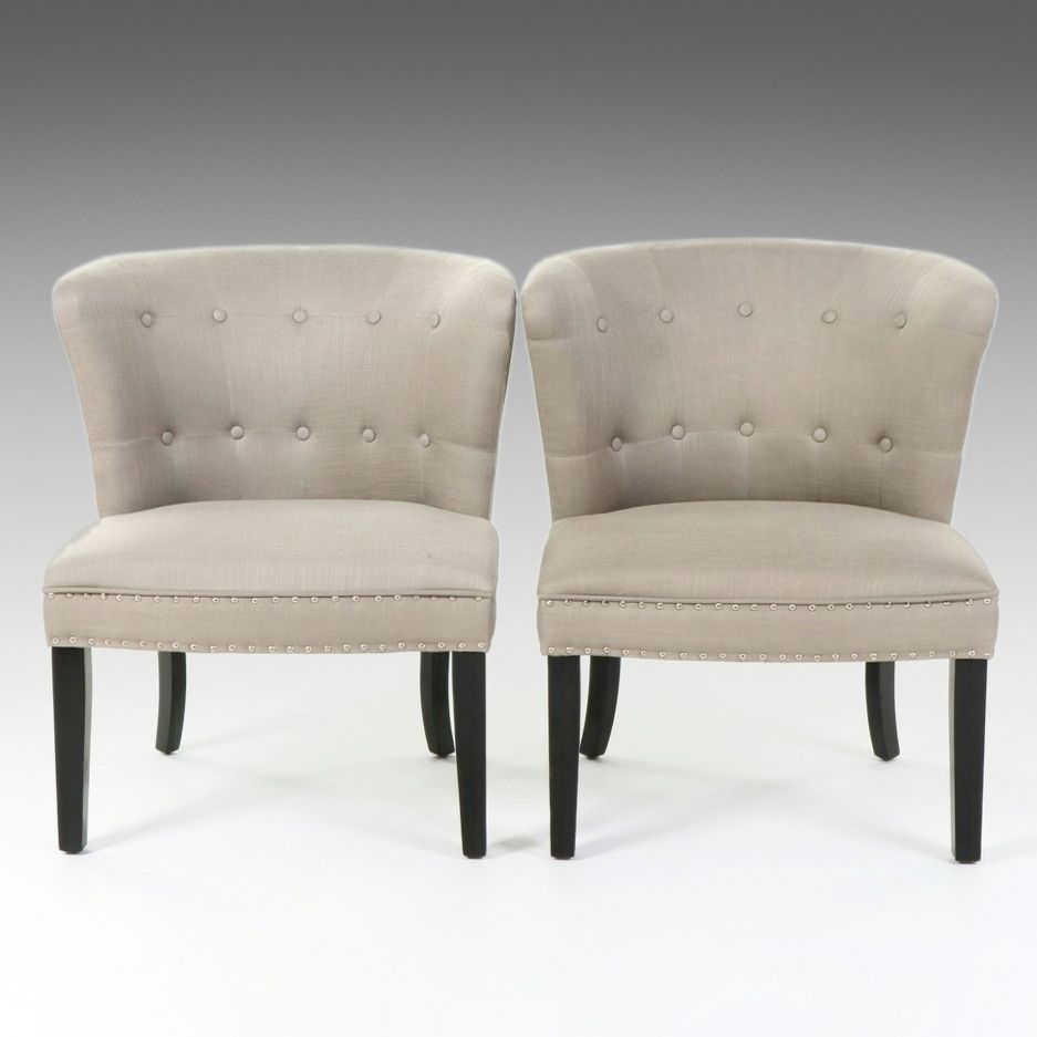 Pair of Transitional Gray Tufted Accent Chairs with Nailhead Trim, 2015