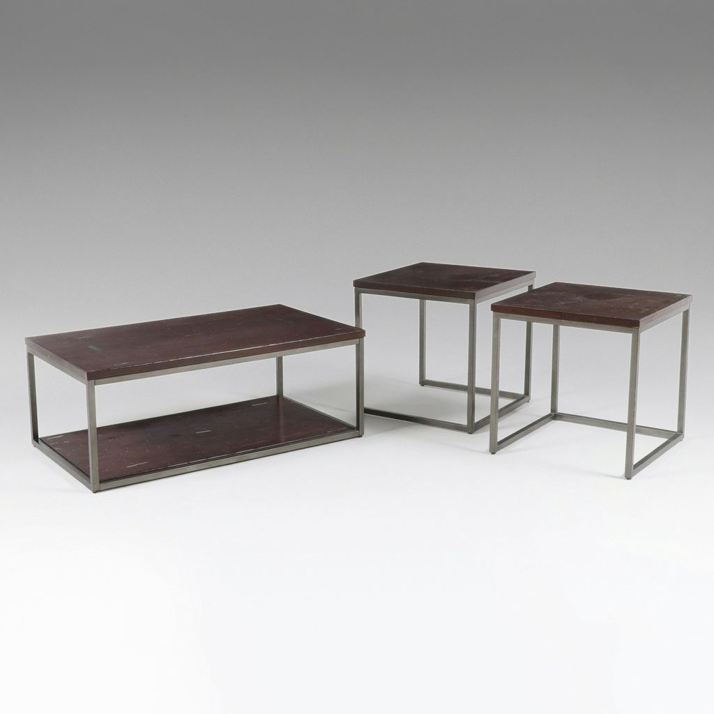 Industrial Modern Wood and Metal Three-Piece Coffee and Side Table Set