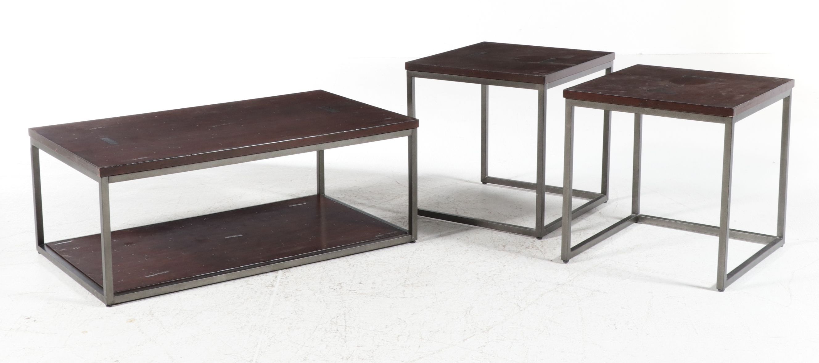 Industrial Modern Wood and Metal Three-Piece Coffee and Side Table Set