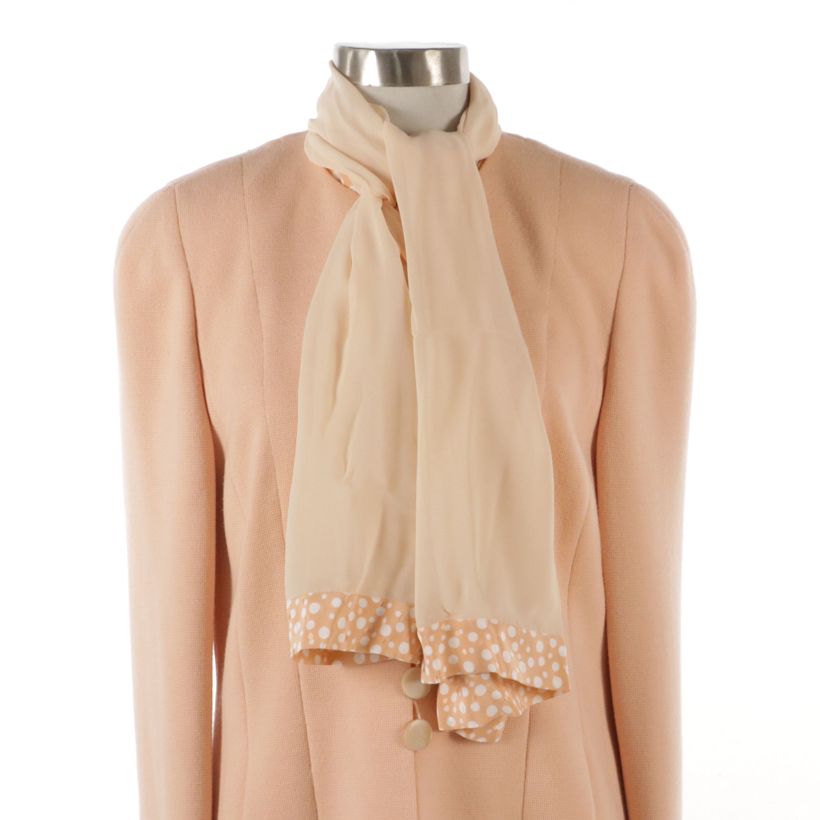 Arkis Peach Polka Dot Silk Blouse and Wool Button-Down Blazer With Scarf