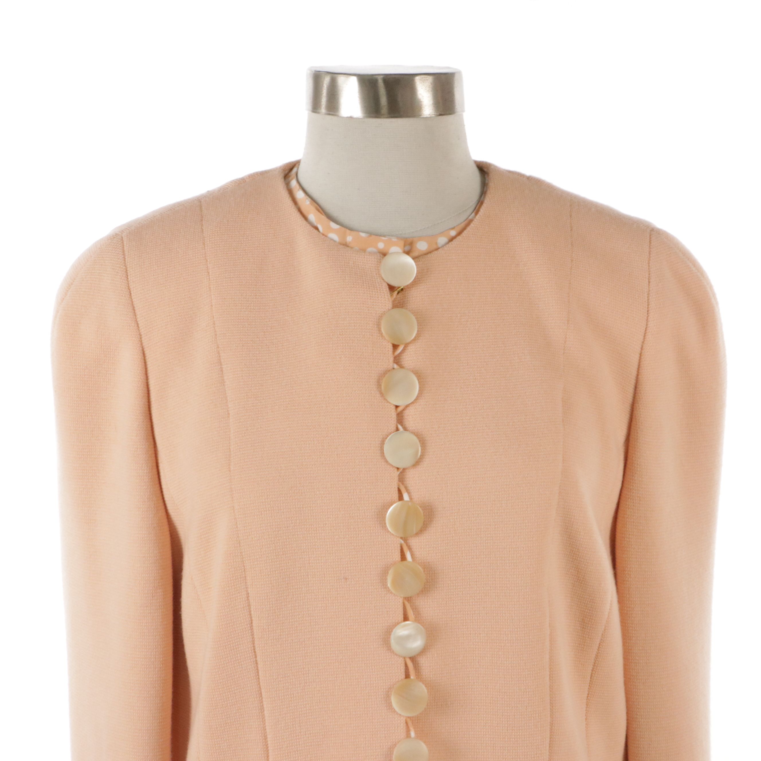 Arkis Peach Polka Dot Silk Blouse and Wool Button-Down Blazer With Scarf