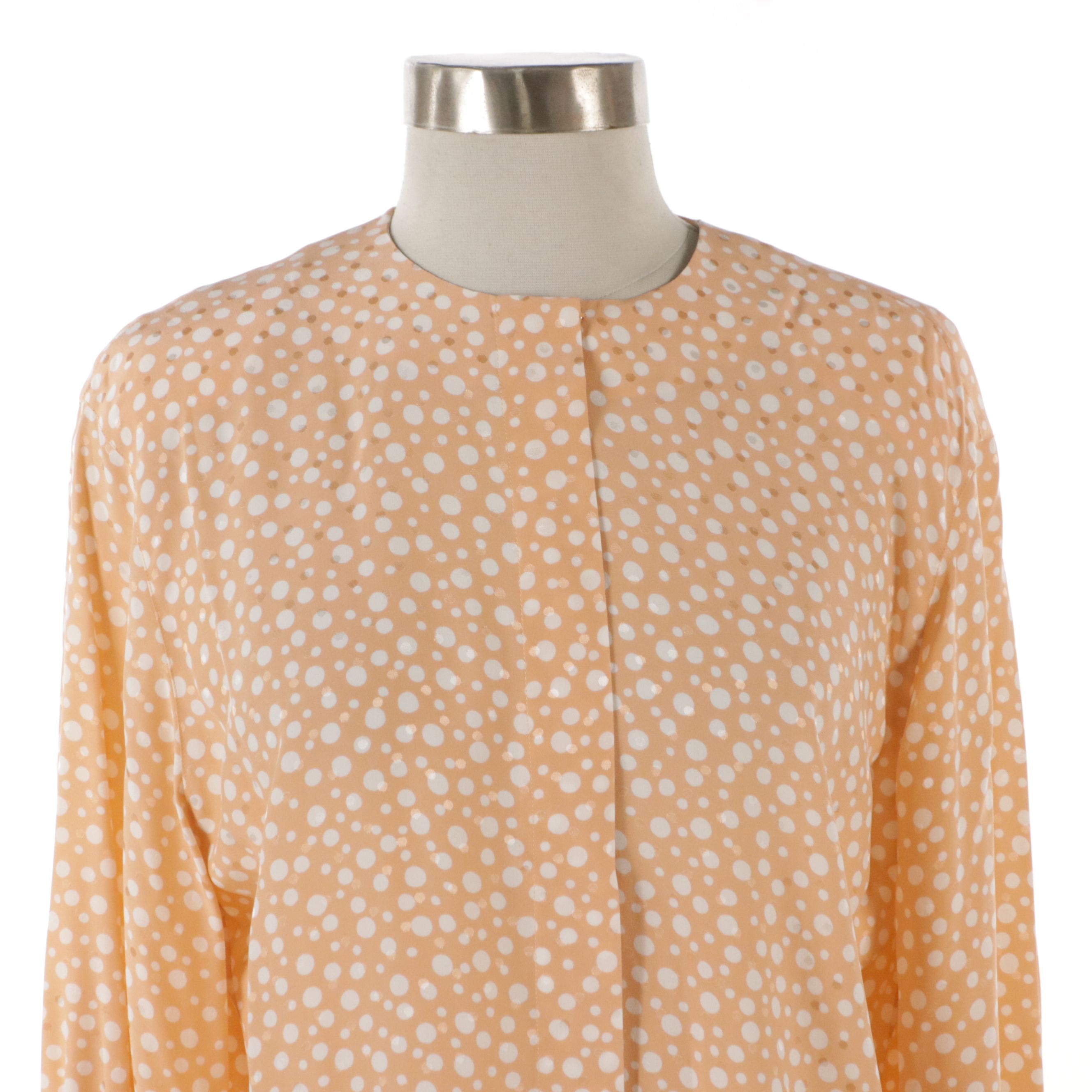 Arkis Peach Polka Dot Silk Blouse and Wool Button-Down Blazer With Scarf