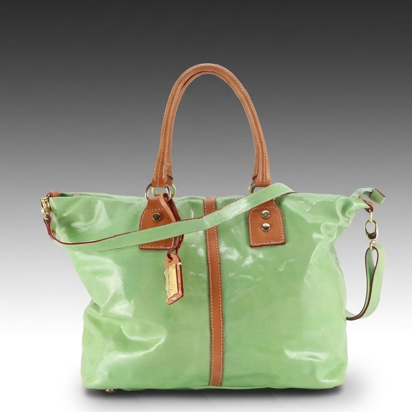 Cavalcanti Two-Way Tote Bag in Light Green Patent Leather and Tan Calfskin Trim