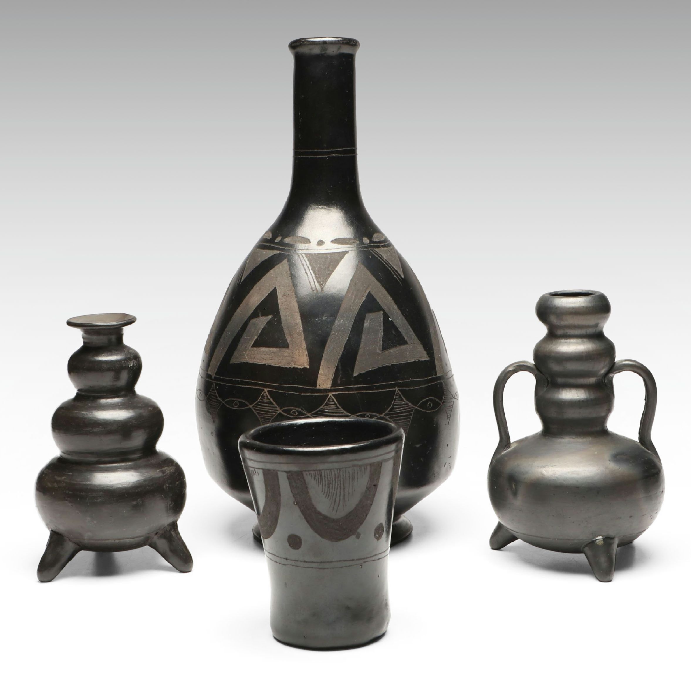 Mexican Mateos Signed with Lania Oaxacan Signed Blackware Vessels