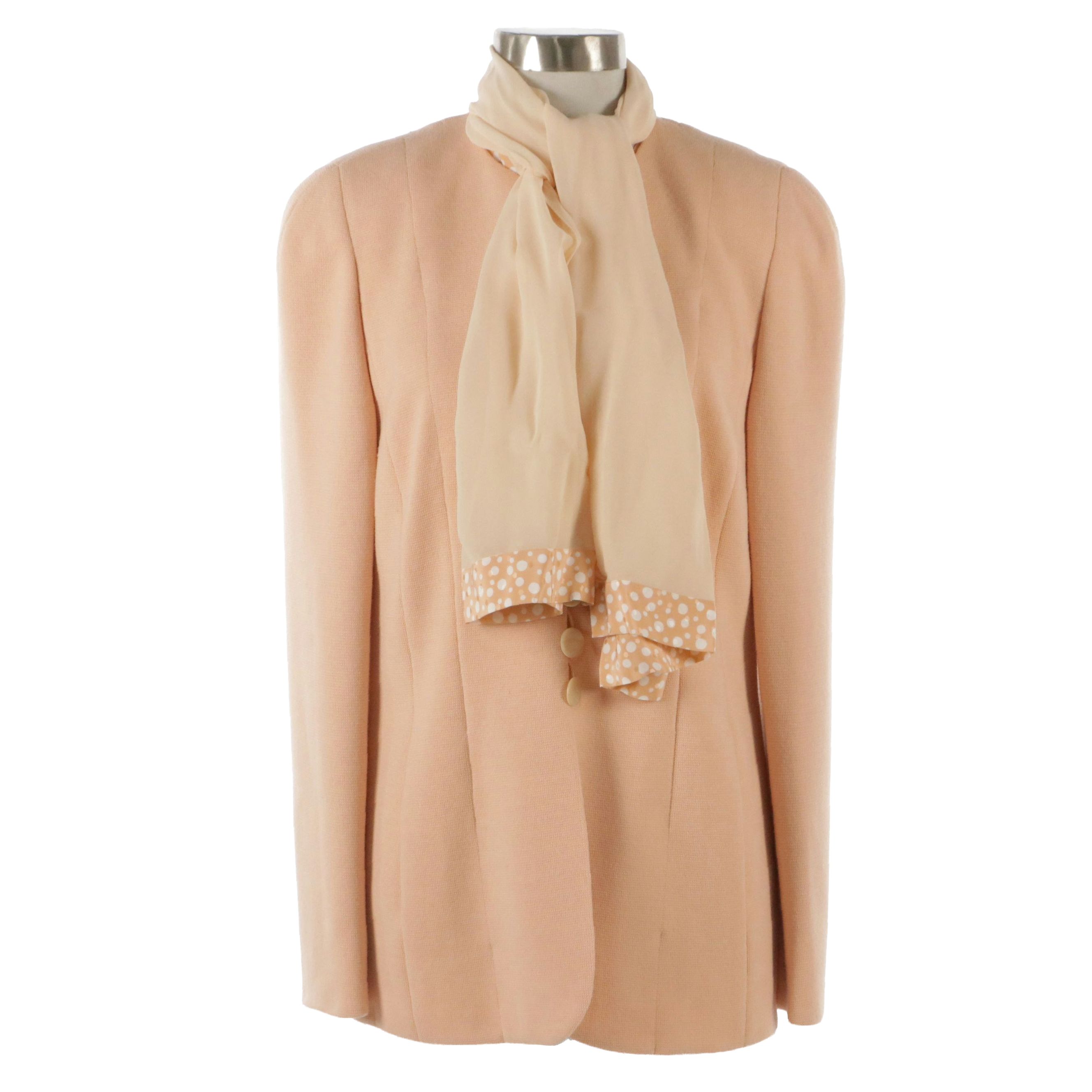 Arkis Peach Polka Dot Silk Blouse and Wool Button-Down Blazer With Scarf