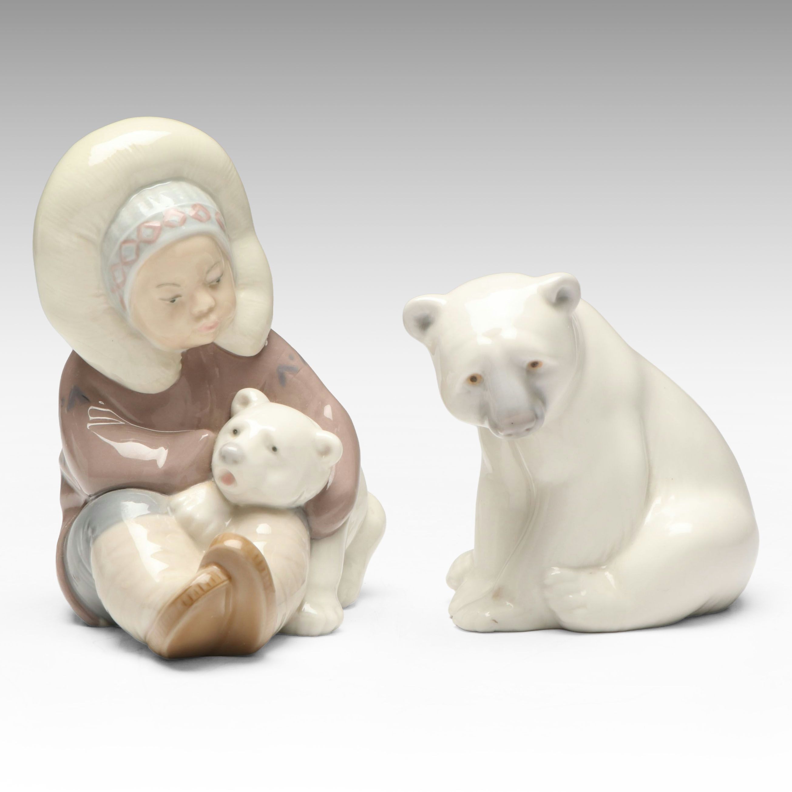 Lladró Inuit and "Seated Polar Bear" Porcelain Figurines