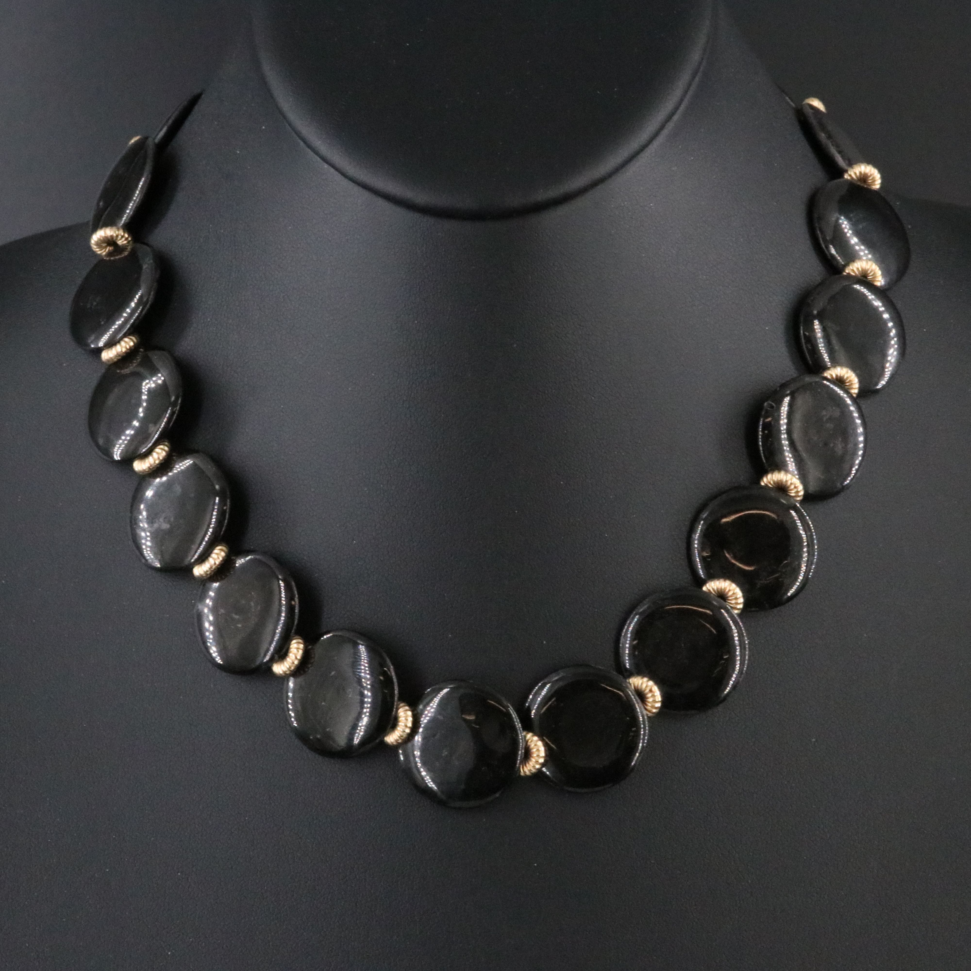 Black Onyx Disc Bead Necklace with 14K Clasp