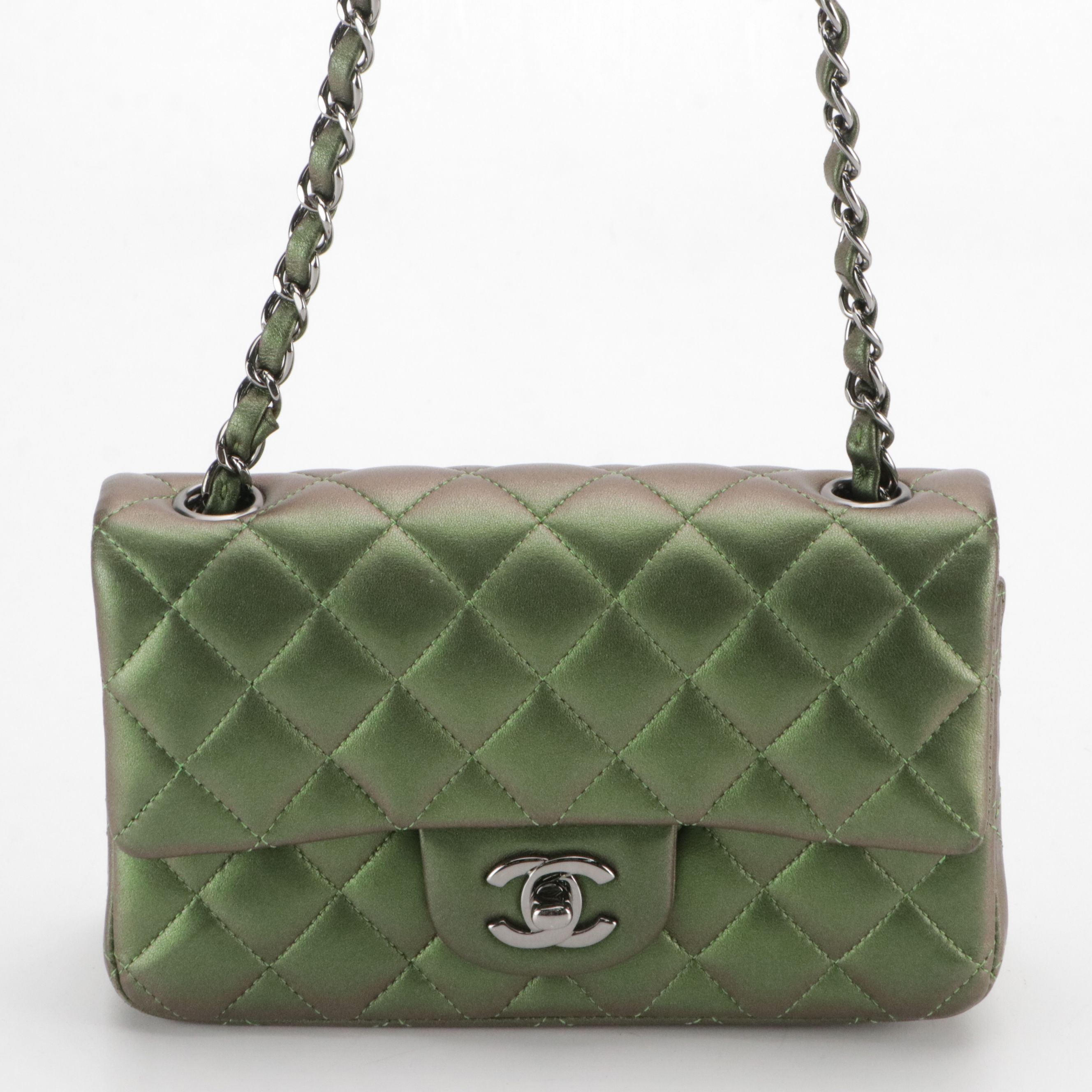 Chanel Classic Flap Chain Strap Bag in Iridescent Green Quilted Lambskin Leather