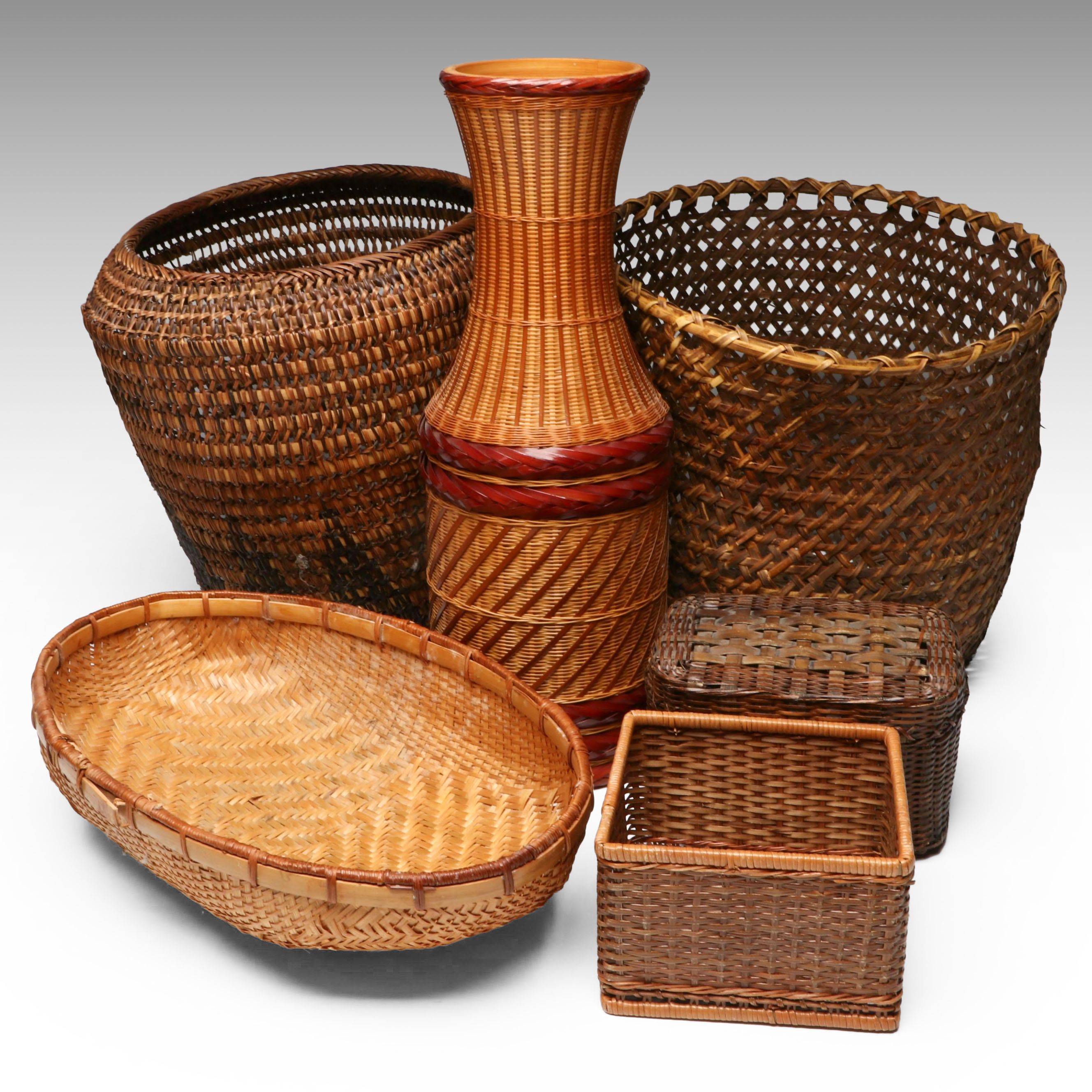 Rustic Handwoven Bamboo and Rattan Baskets with Other Wicker Boxes and Vase