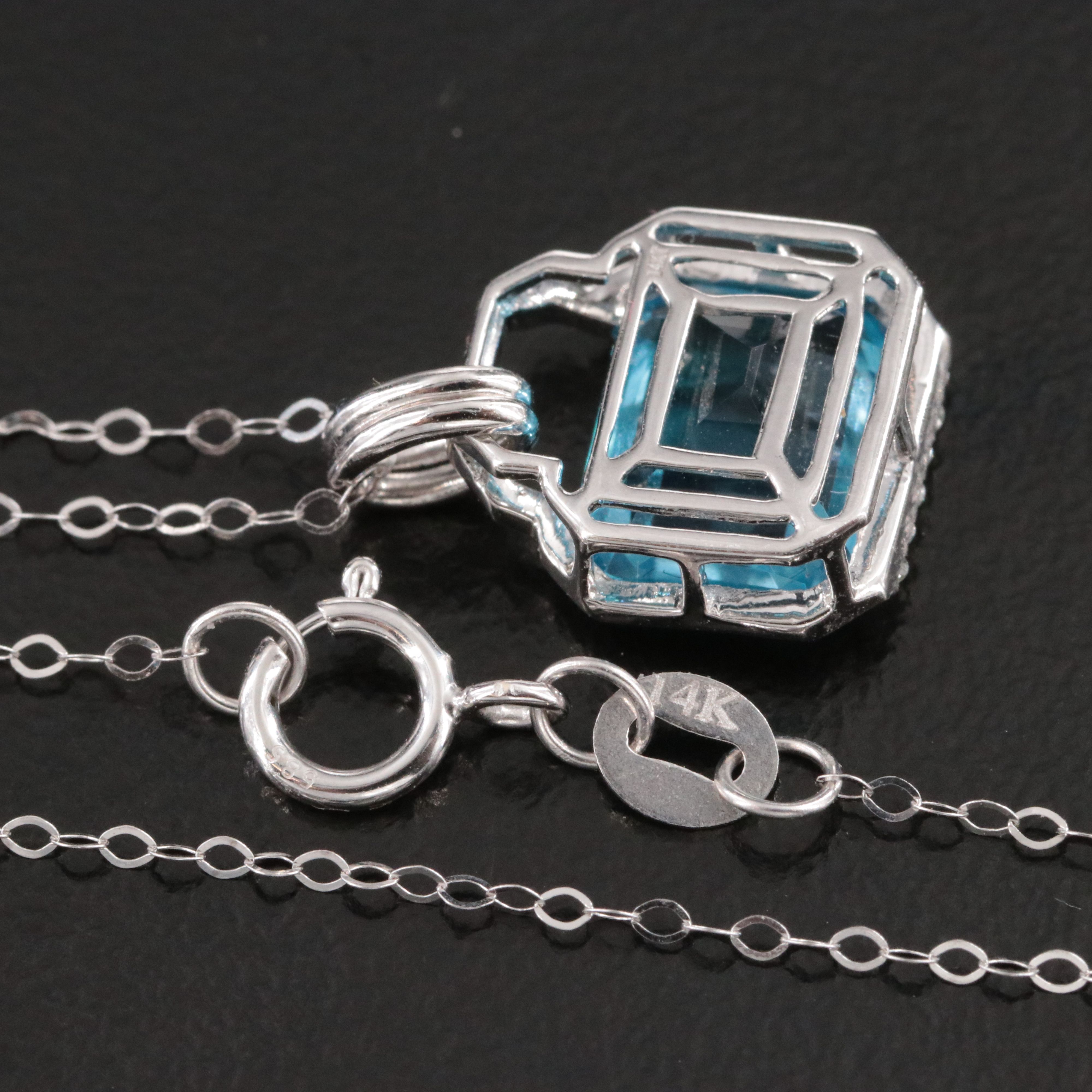 14K Swiss Blue Topaz and Diamond Pendant Necklace