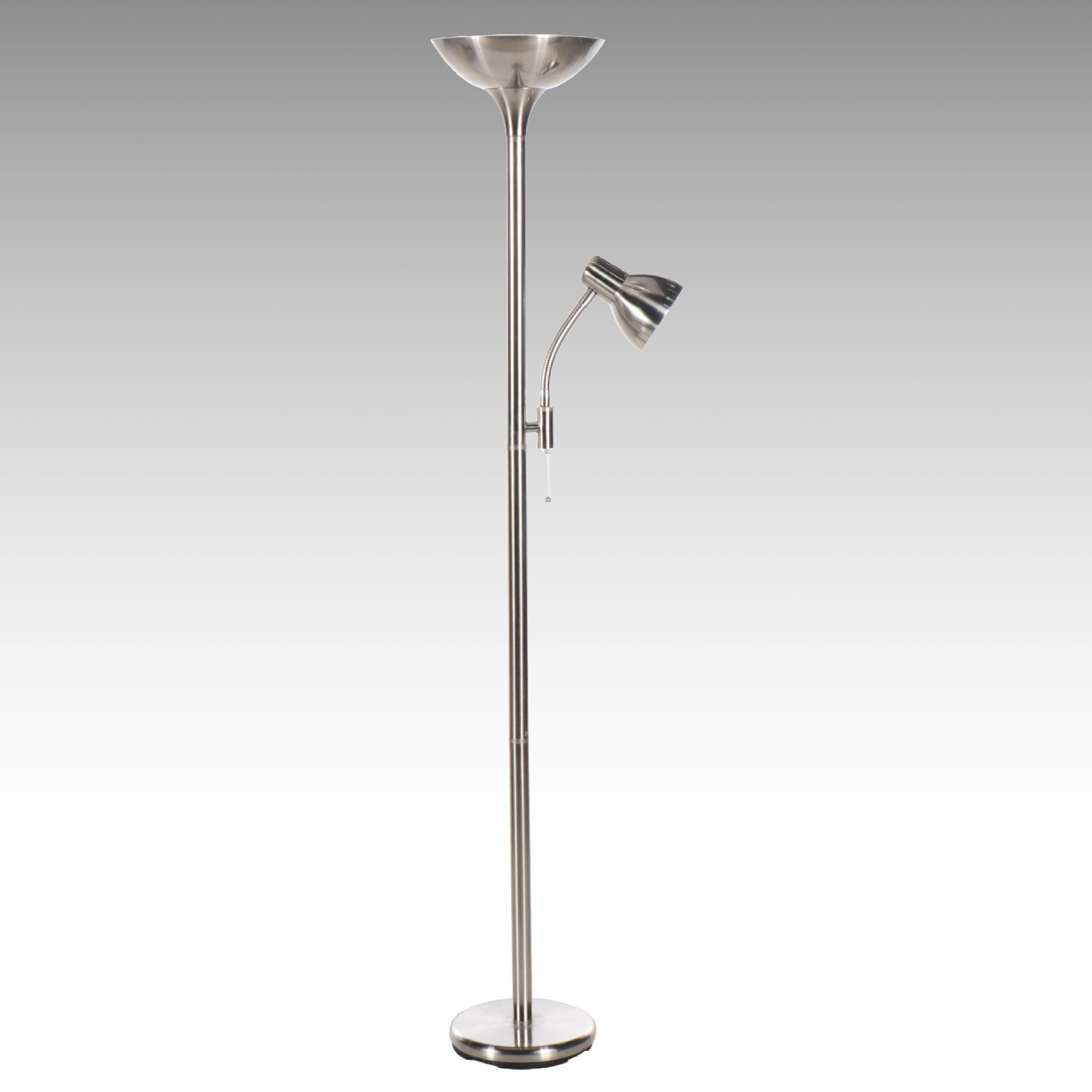 Modern Brushed Stainless Torchiere Floor Lamp with Task Lamp, 21st Century