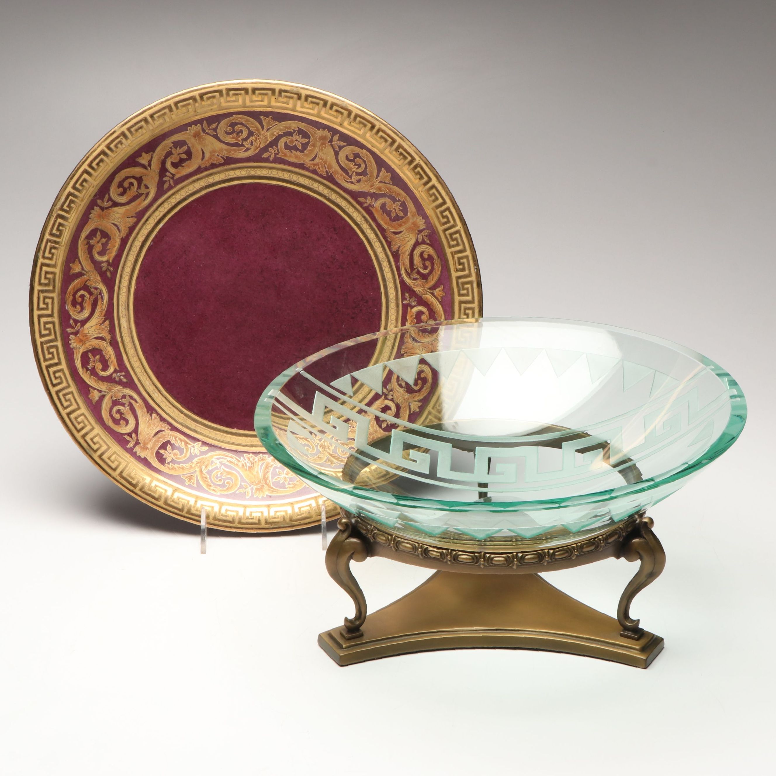 Schlanser Design Greek Key Pedestal Bowl with Gilt Porcelain Centerpiece Bowl