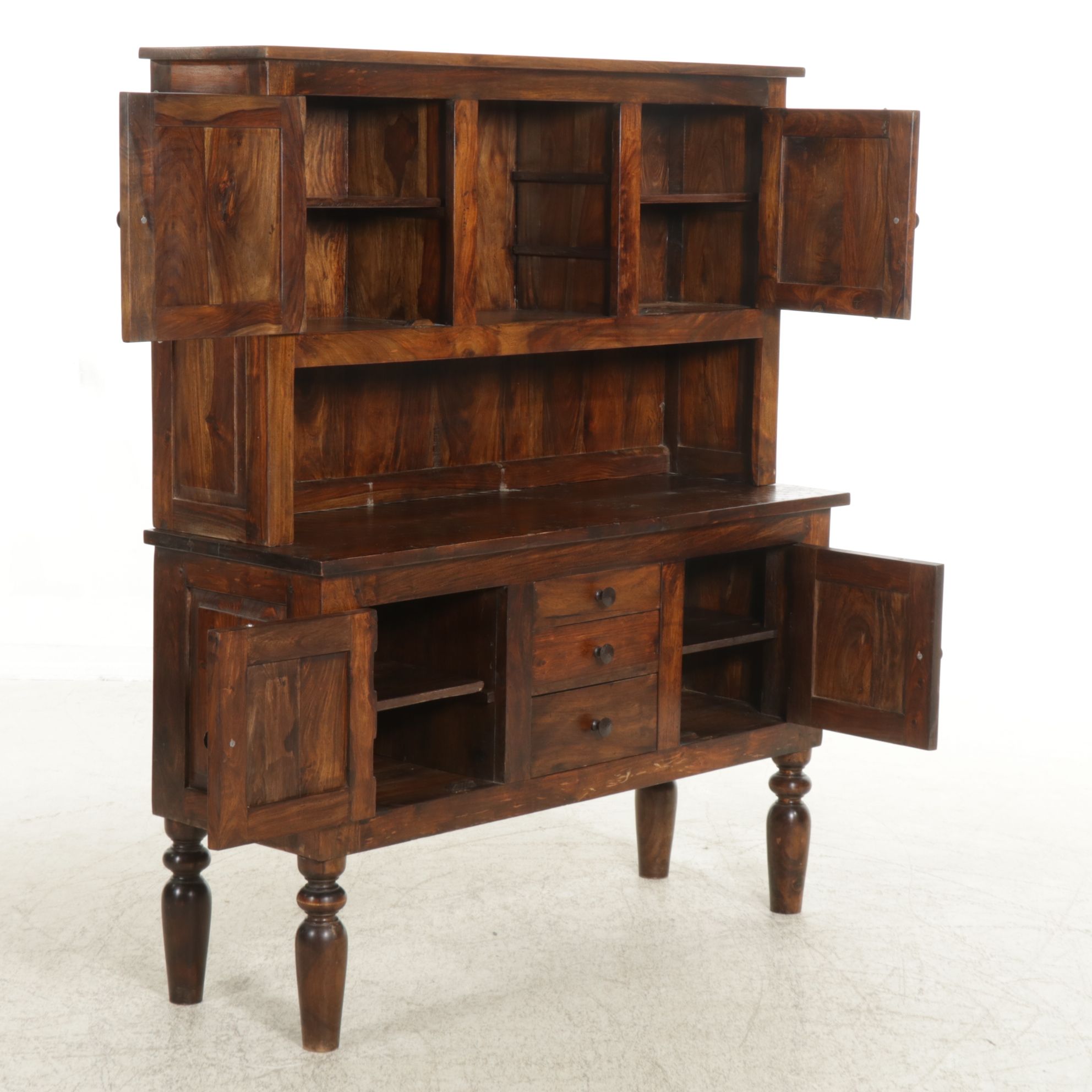 Rustic Style Tropical Hardwood Sideboard and Hutch, 21st Century