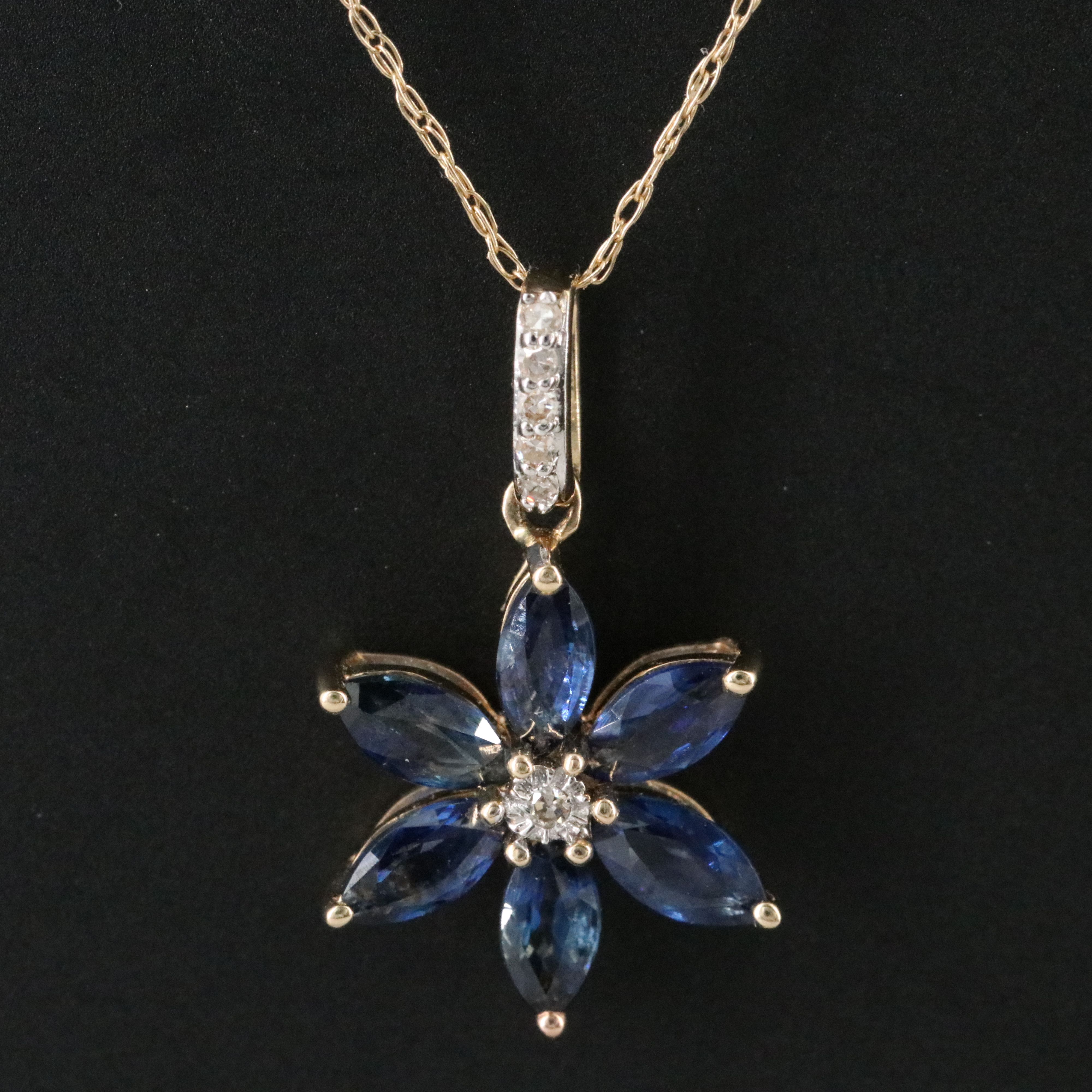 14K Sapphire and Diamond Flower Pendant Necklace