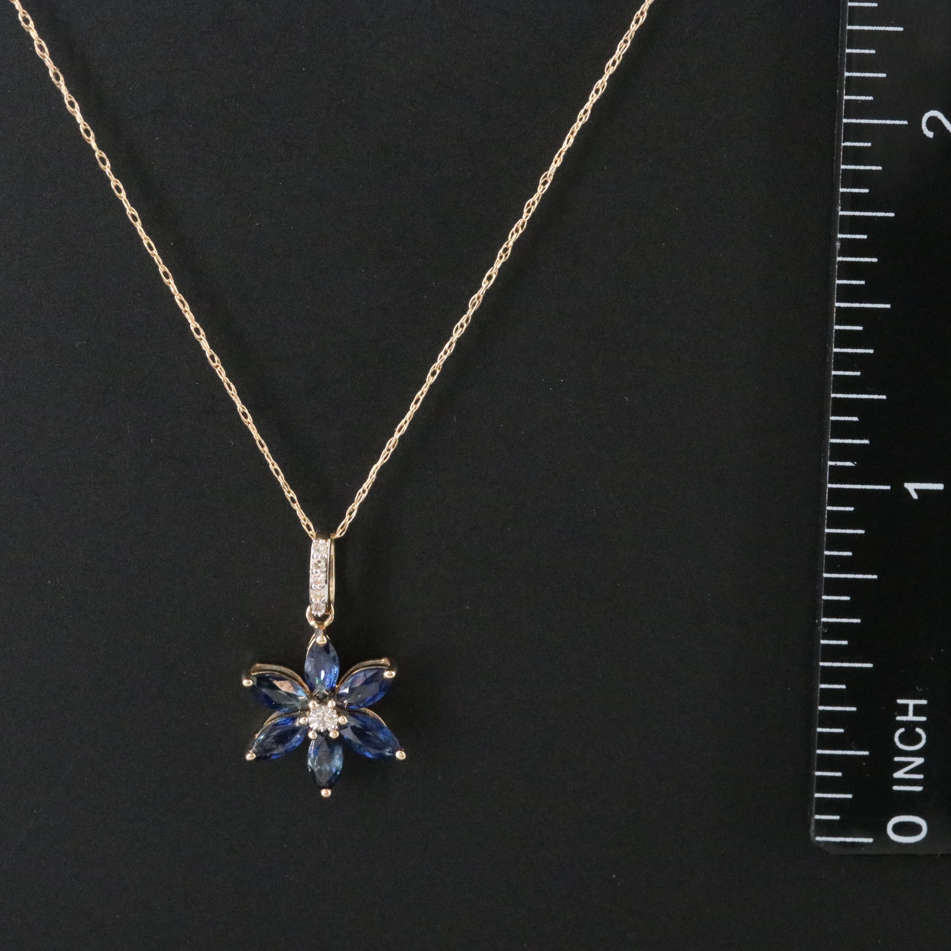 14K Sapphire and Diamond Flower Pendant Necklace