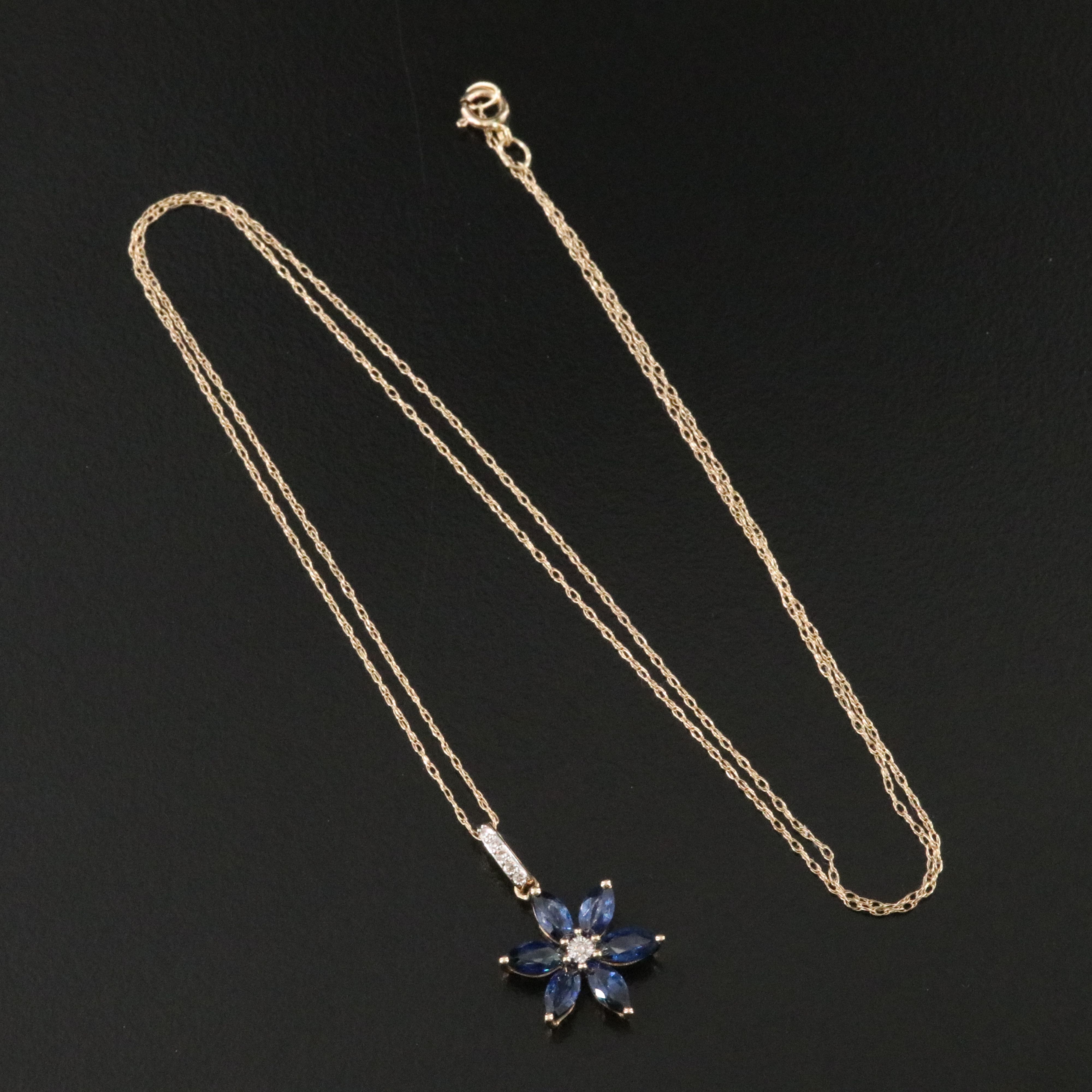 14K Sapphire and Diamond Flower Pendant Necklace