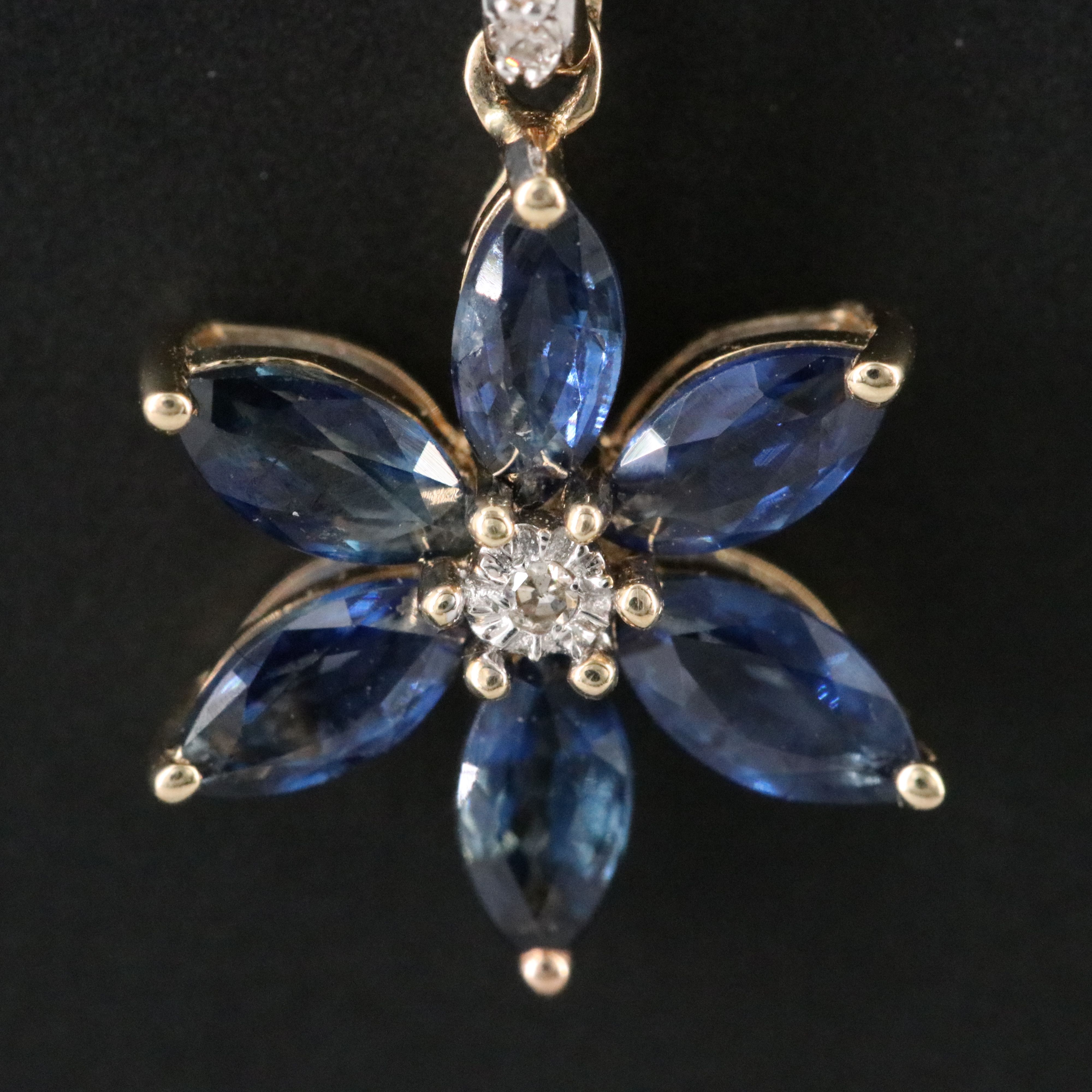 14K Sapphire and Diamond Flower Pendant Necklace
