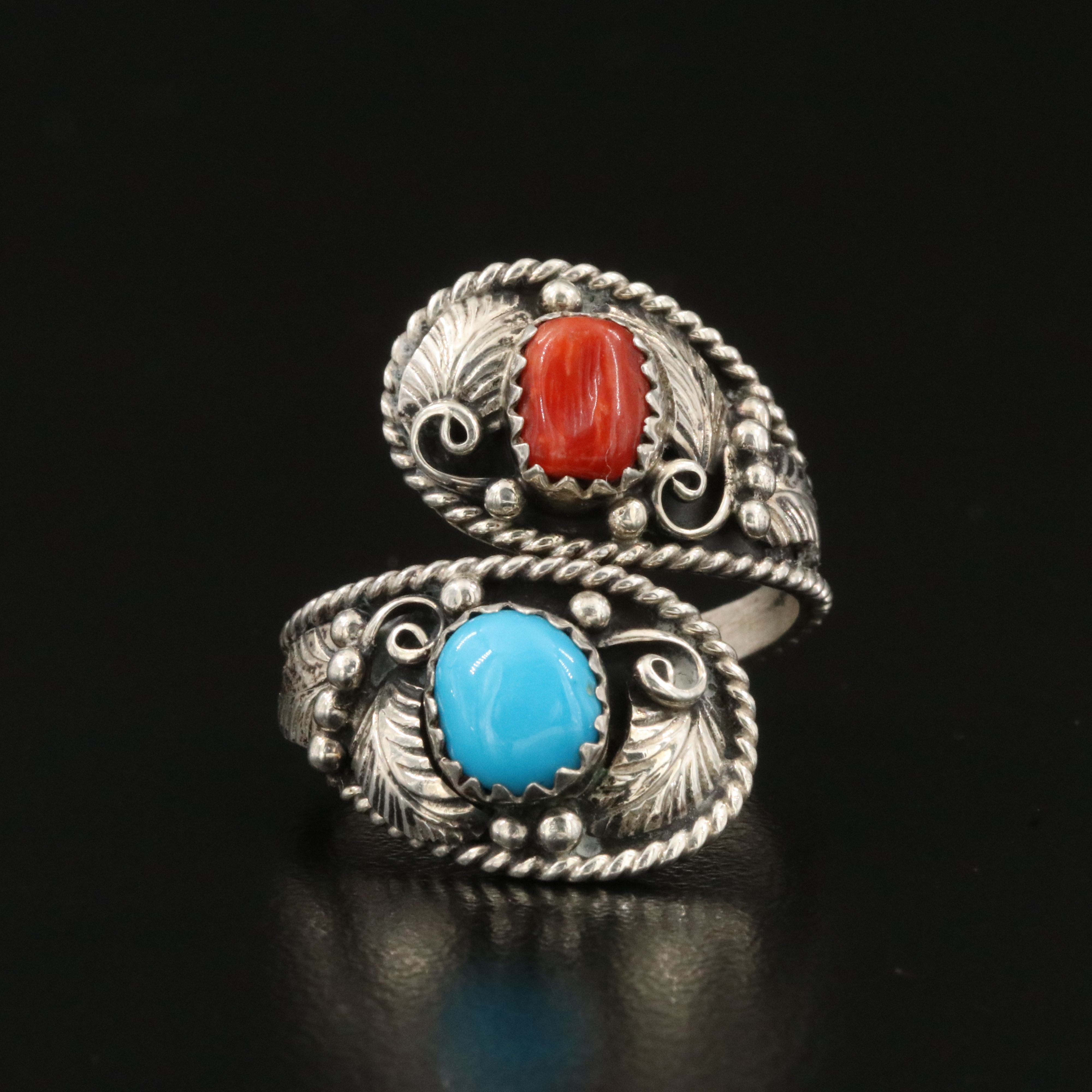 Artisan Signed Sterling Coral and Turquoise Ring