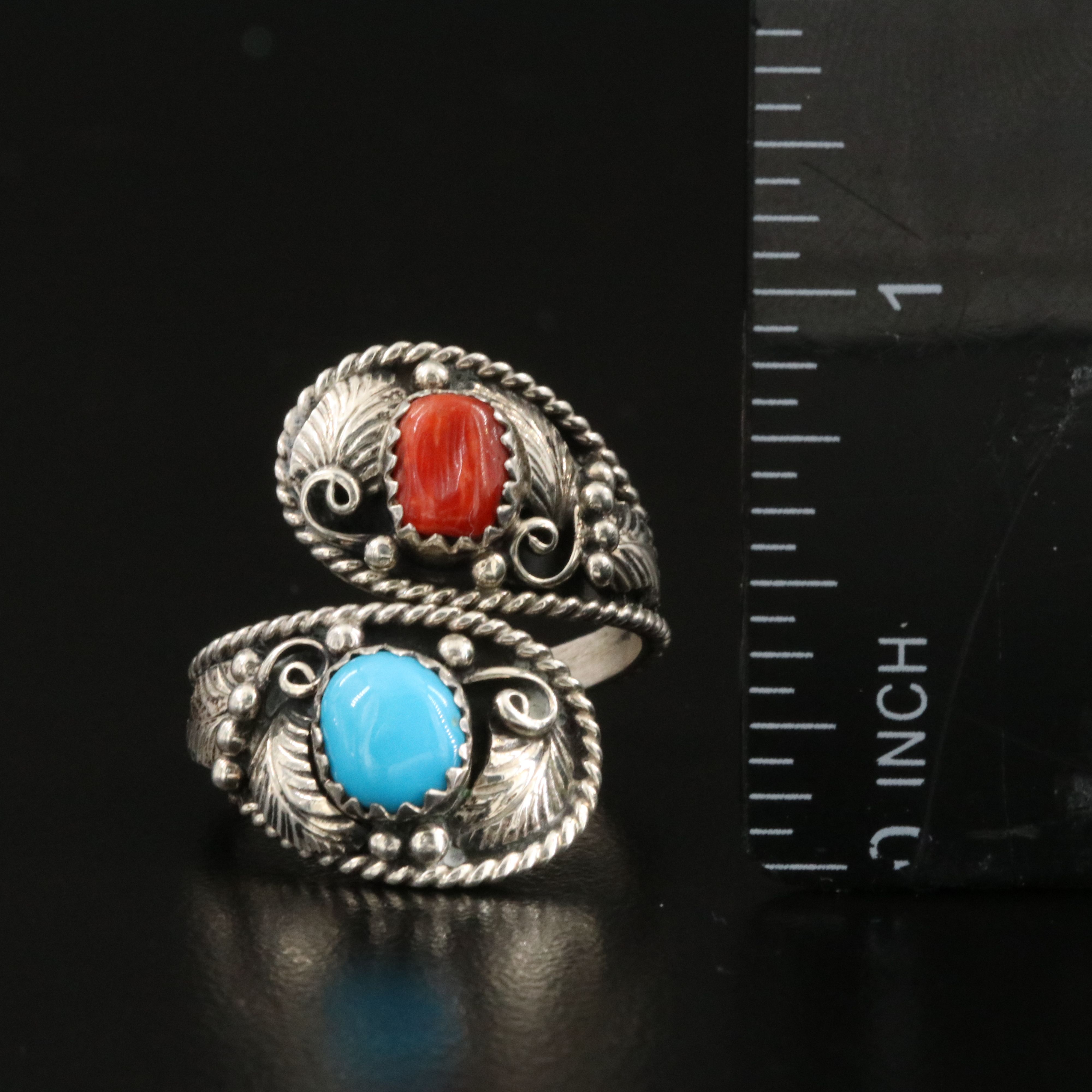 Artisan Signed Sterling Coral and Turquoise Ring