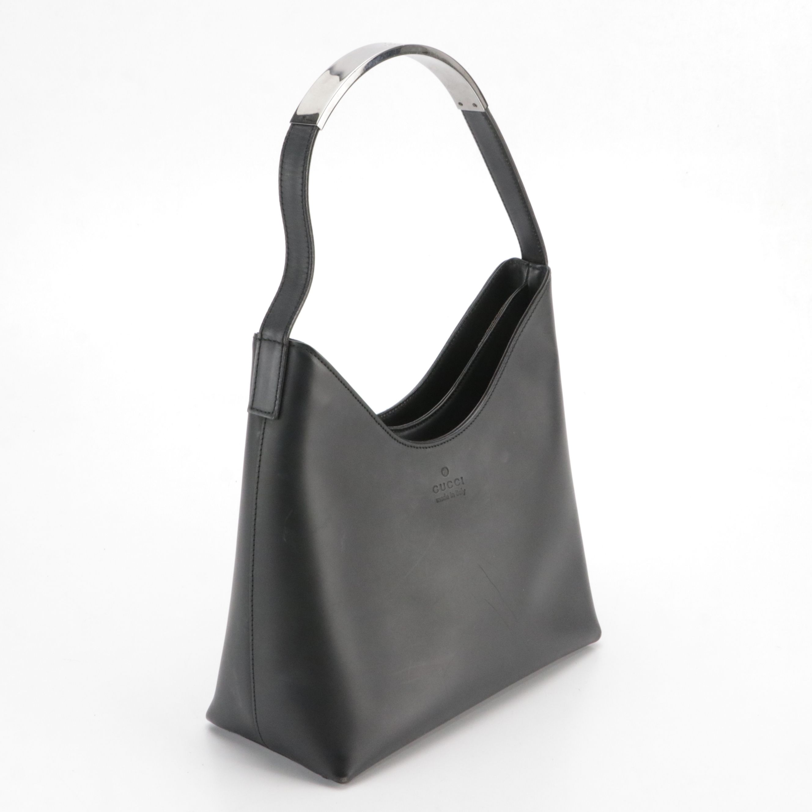 Gucci Black Leather Shoulder Bag with Sculptural Metal Strap Handle