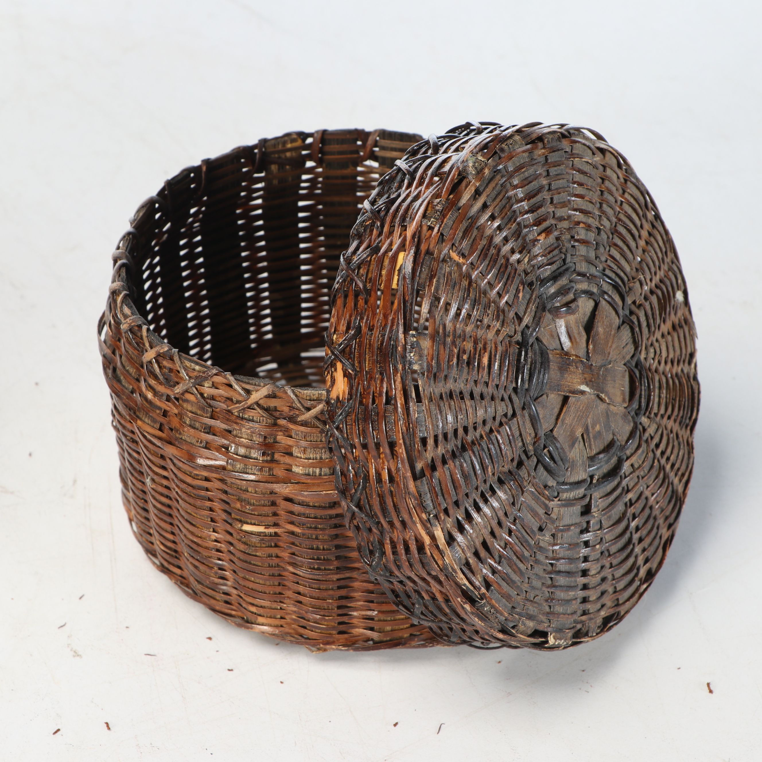 Vintage Handwoven Rattan Canoe Basket with Wicker Boxes and Other Décor
