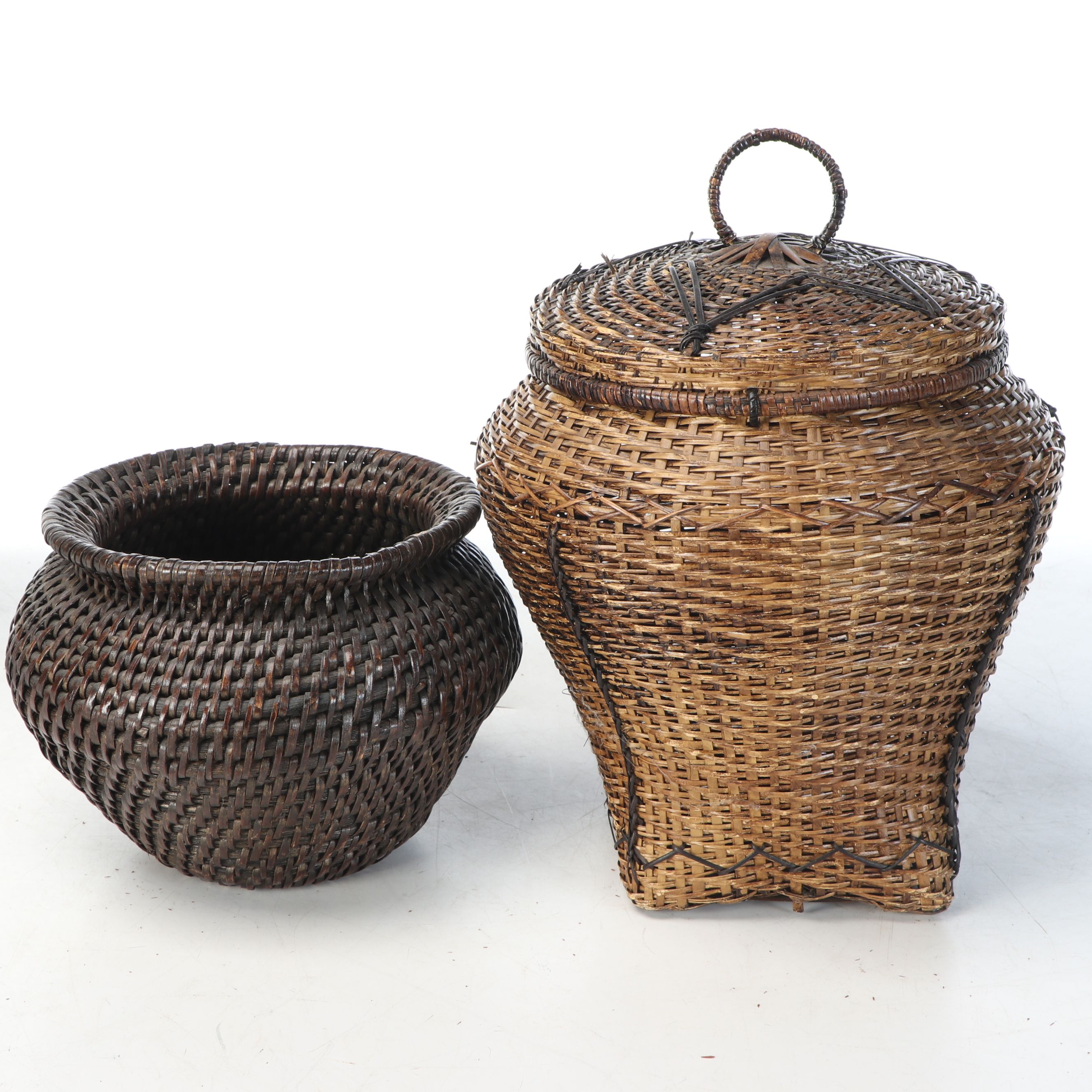 Vintage Handwoven Rattan Canoe Basket with Wicker Boxes and Other Décor
