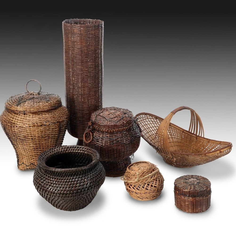 Vintage Handwoven Rattan Canoe Basket with Wicker Boxes and Other Décor