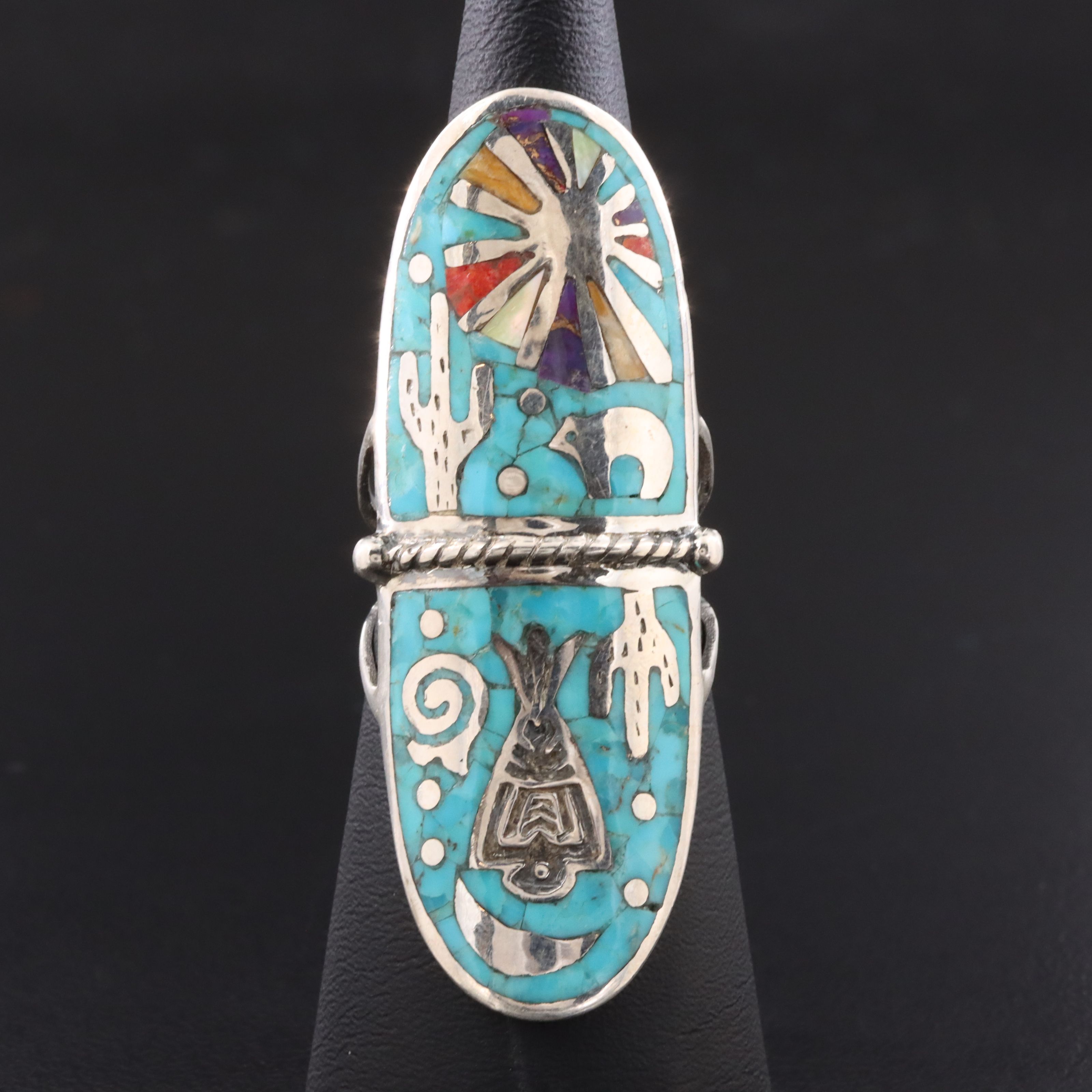 Artisan Signed Sterling Chip Stone Inlay Ring