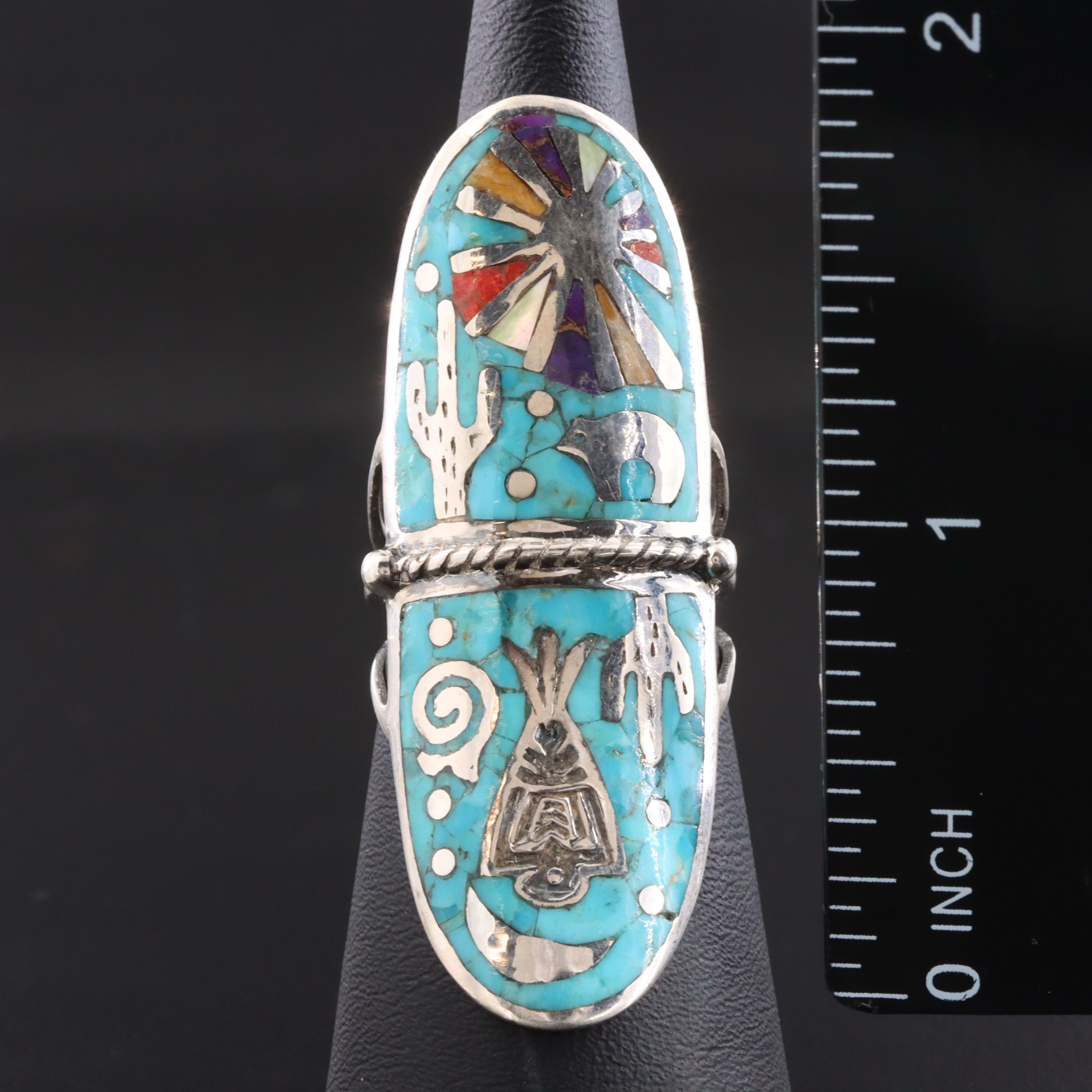 Artisan Signed Sterling Chip Stone Inlay Ring