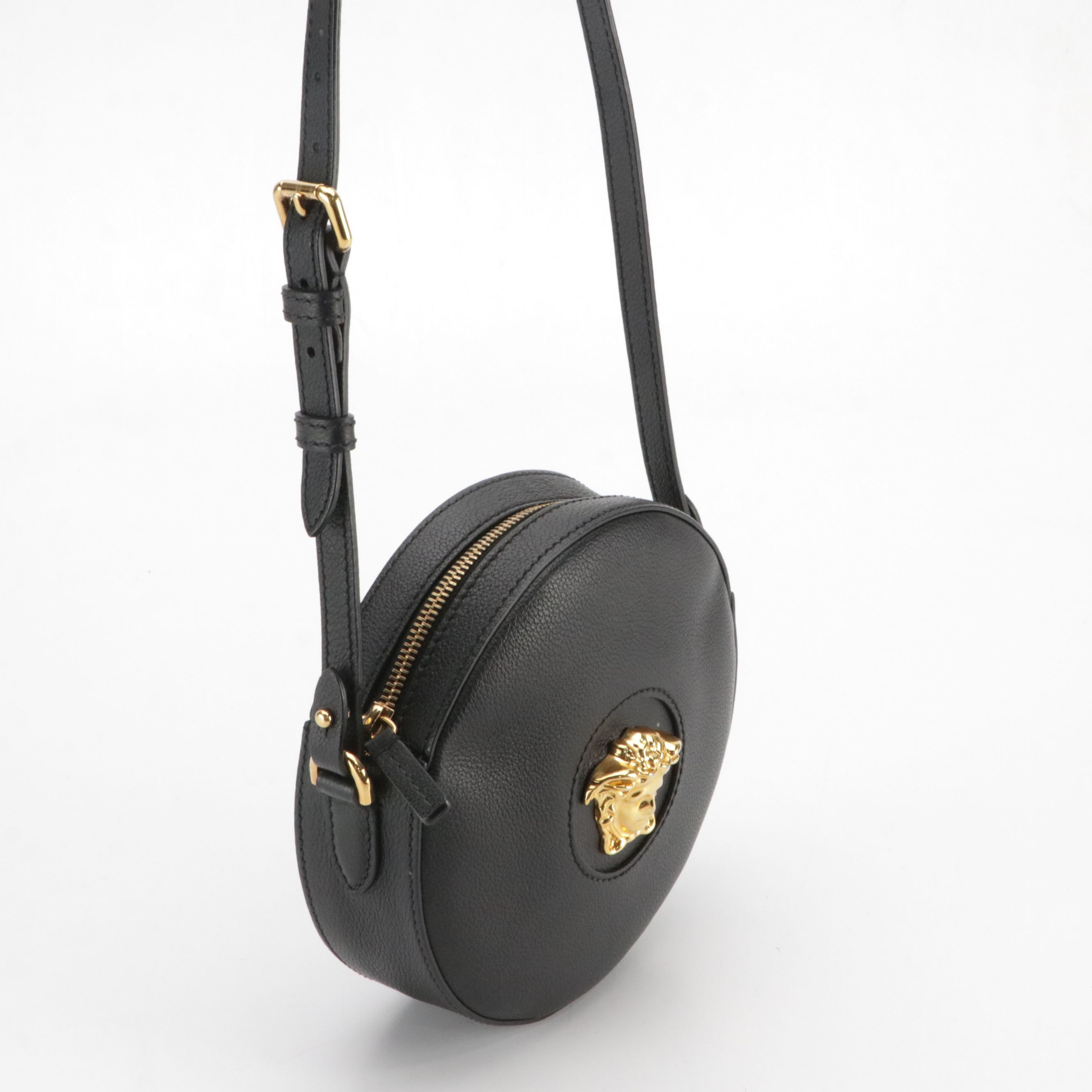 Versace Black Calfskin Grain Leather Crossbody Bag with Medusa Head