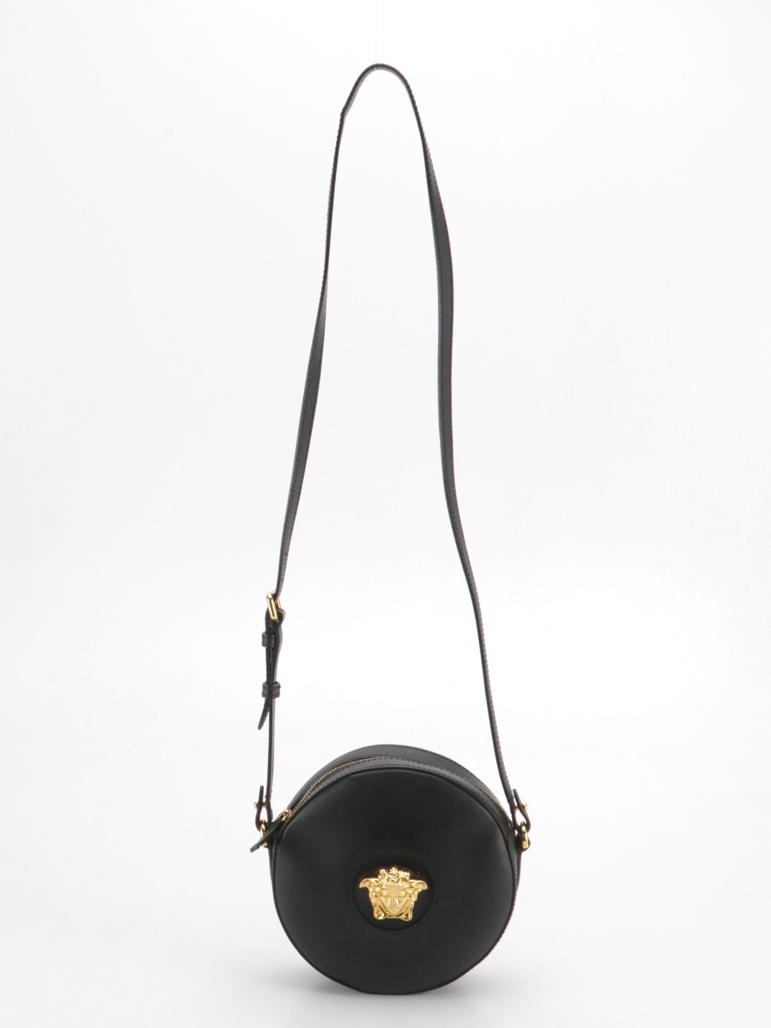 Versace Black Calfskin Grain Leather Crossbody Bag with Medusa Head