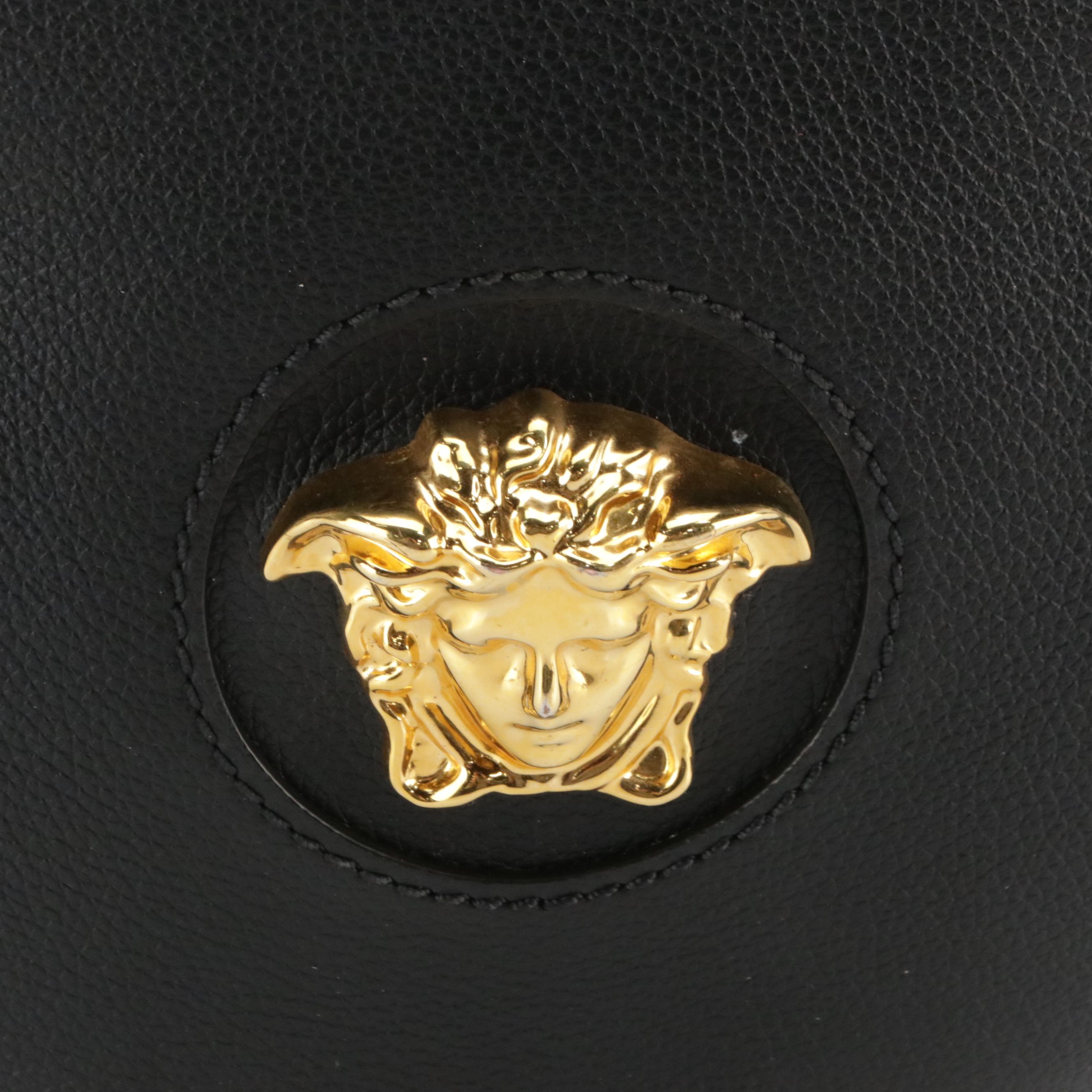 Versace Black Calfskin Grain Leather Crossbody Bag with Medusa Head