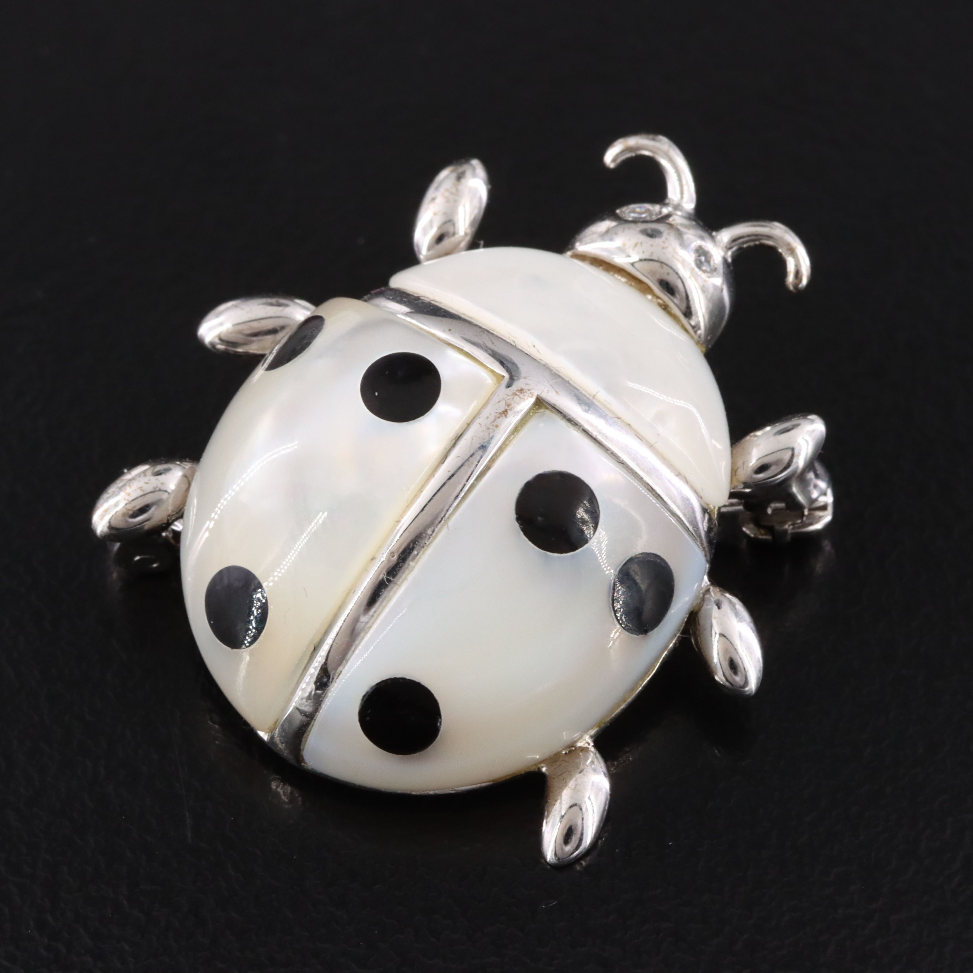 Sterling Mother of Pearl, CZ, and Enamel Ladybug Enhancer Brooch