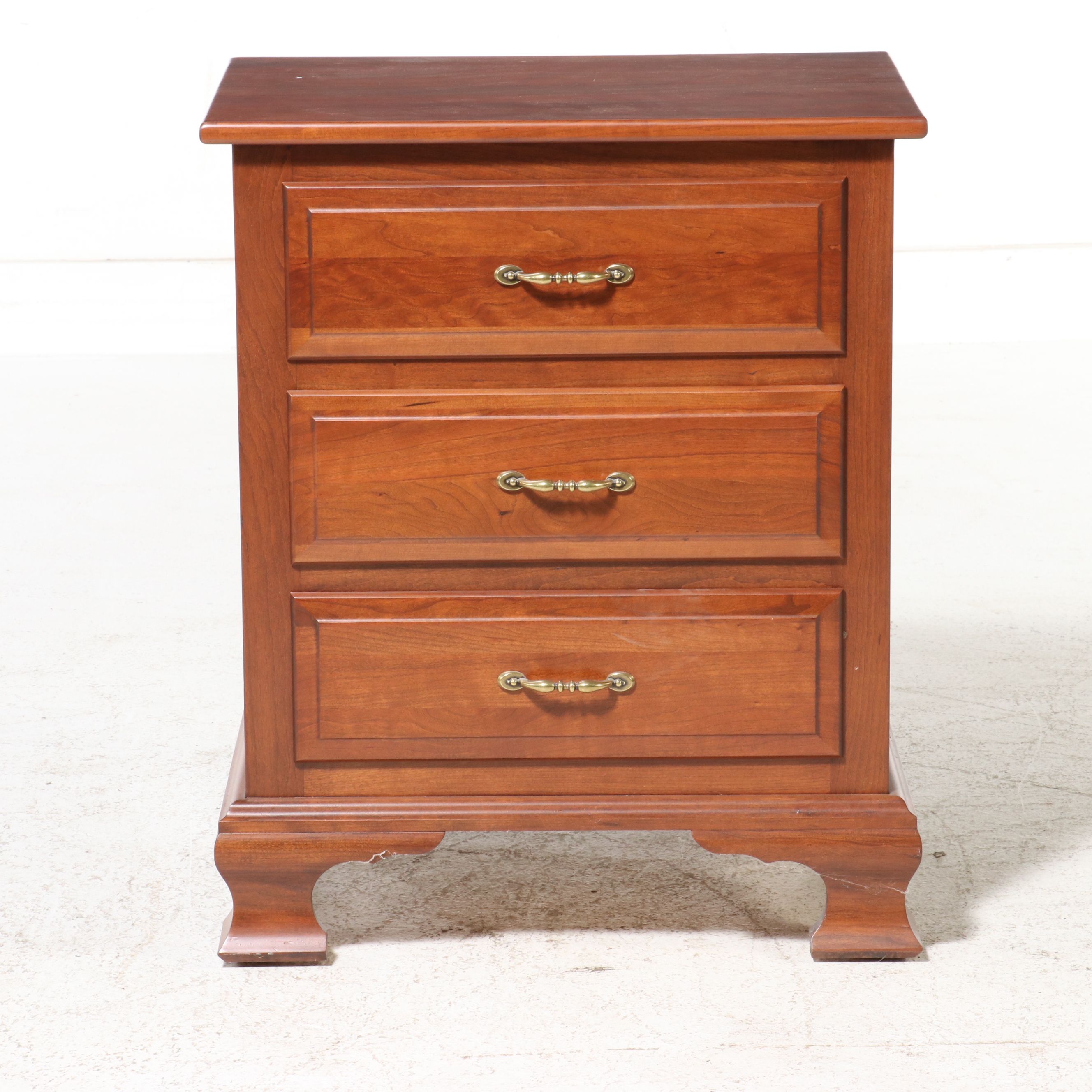 Slat-Panel Cherry Wood Sleigh Bed and Three-Drawer Nightstand