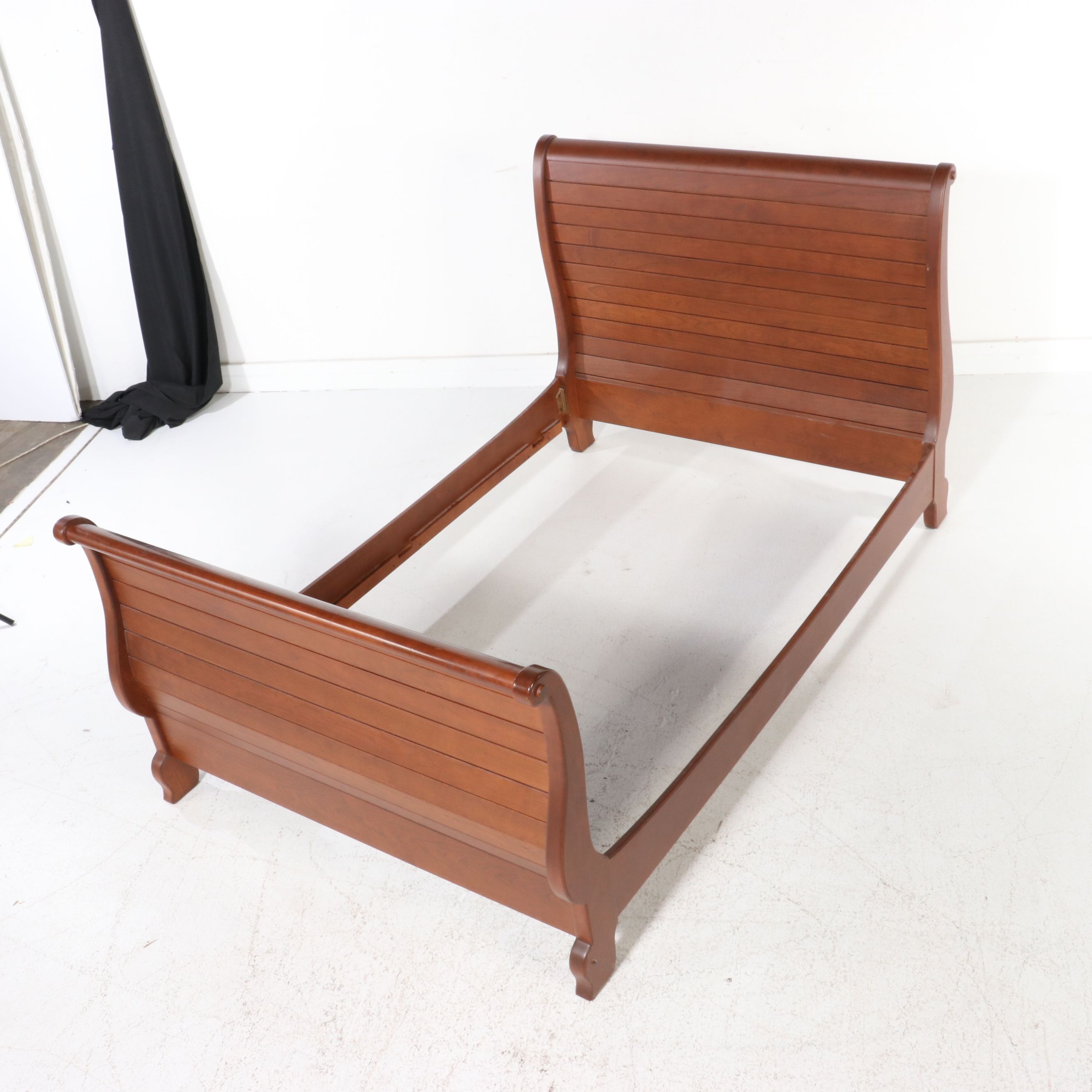 Slat-Panel Cherry Wood Sleigh Bed and Three-Drawer Nightstand