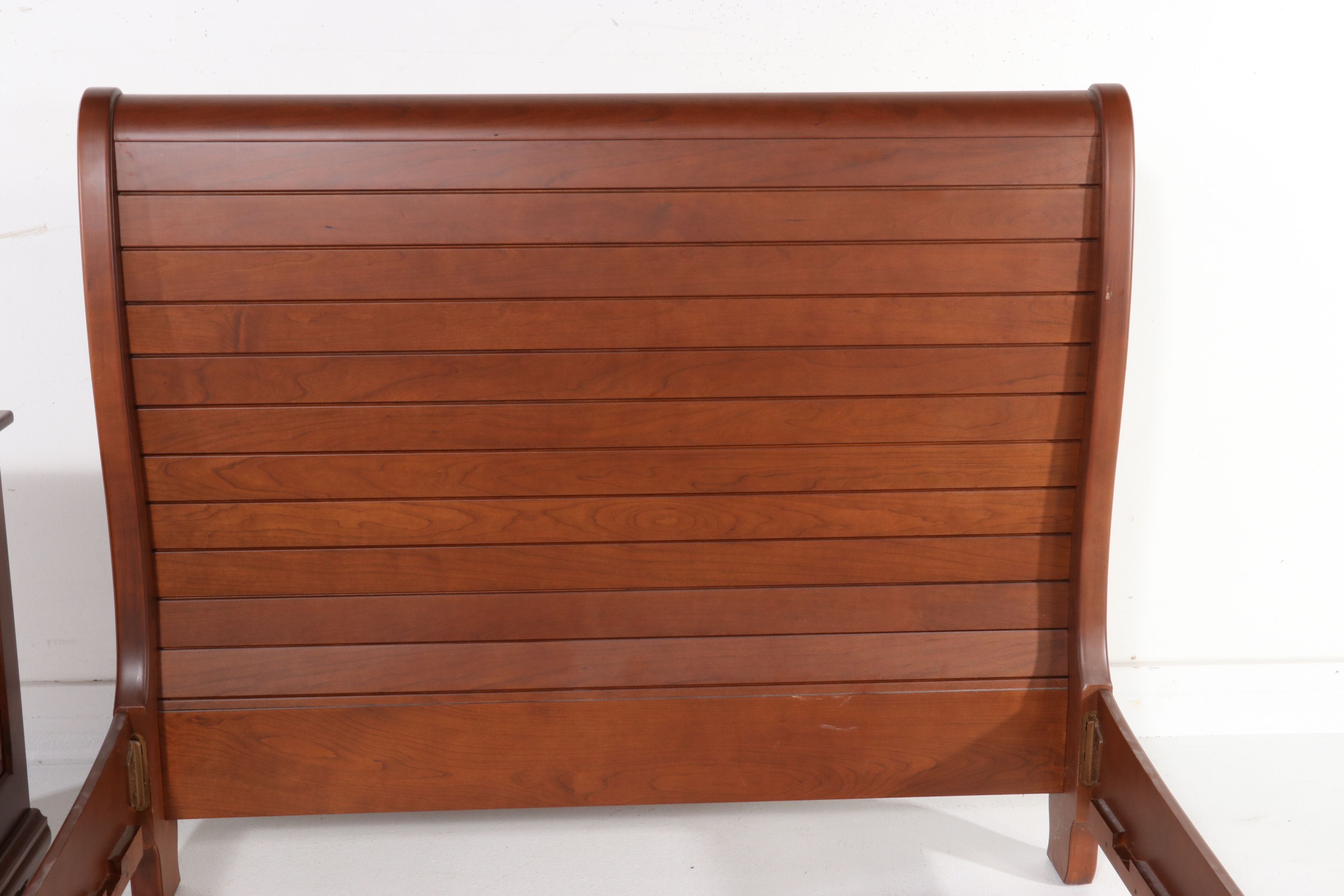Slat-Panel Cherry Wood Sleigh Bed and Three-Drawer Nightstand