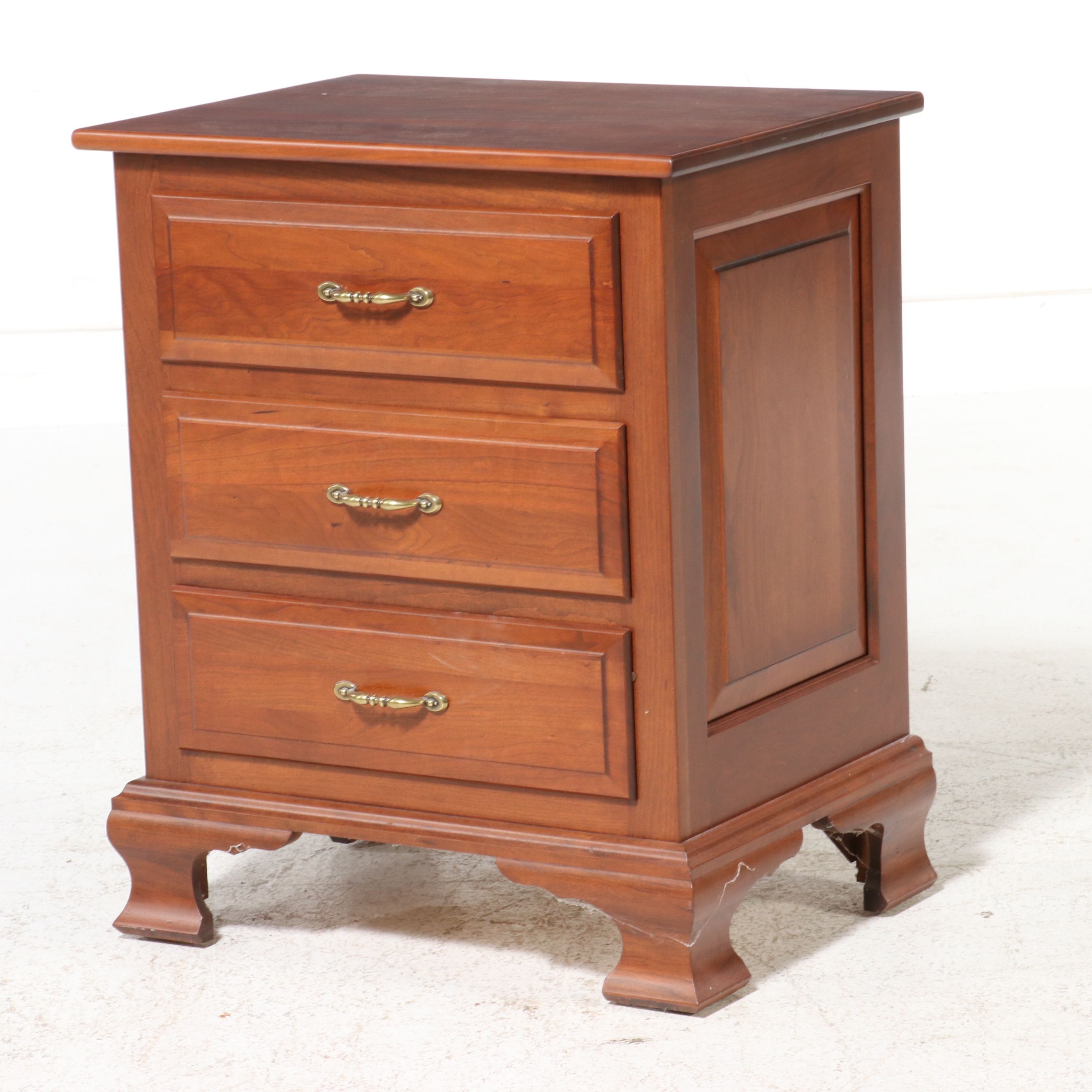 Slat-Panel Cherry Wood Sleigh Bed and Three-Drawer Nightstand