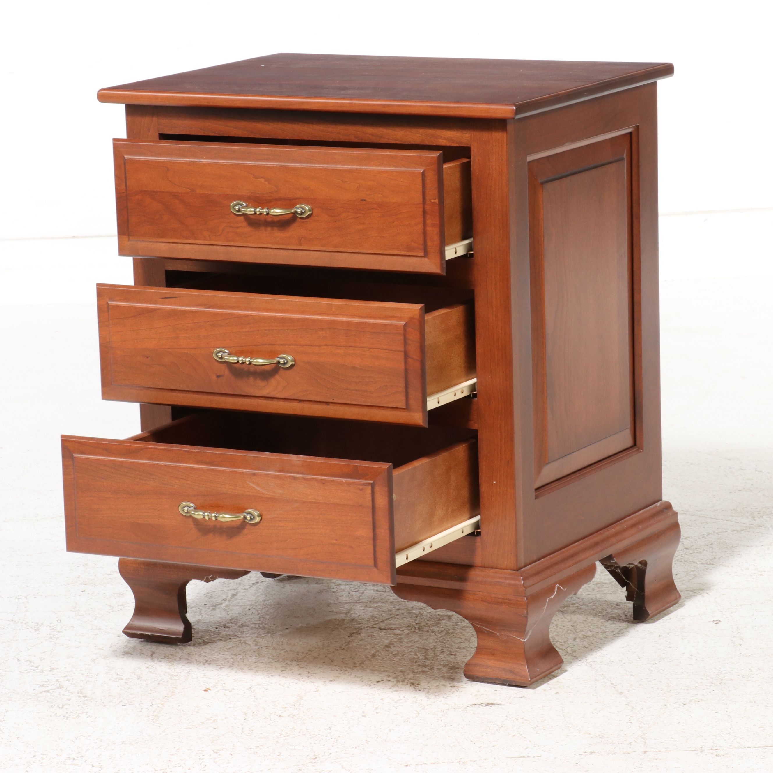 Slat-Panel Cherry Wood Sleigh Bed and Three-Drawer Nightstand