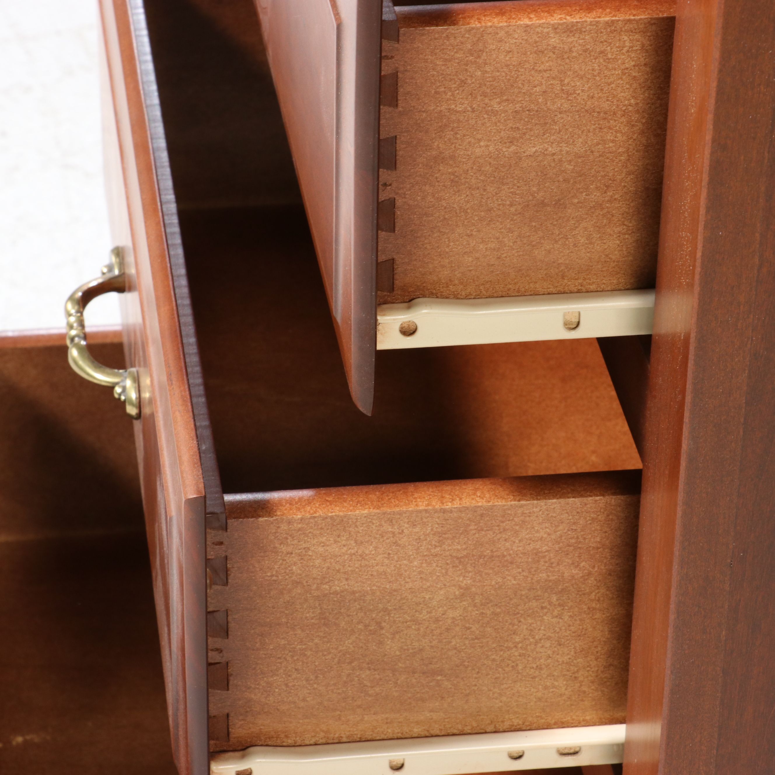 Slat-Panel Cherry Wood Sleigh Bed and Three-Drawer Nightstand