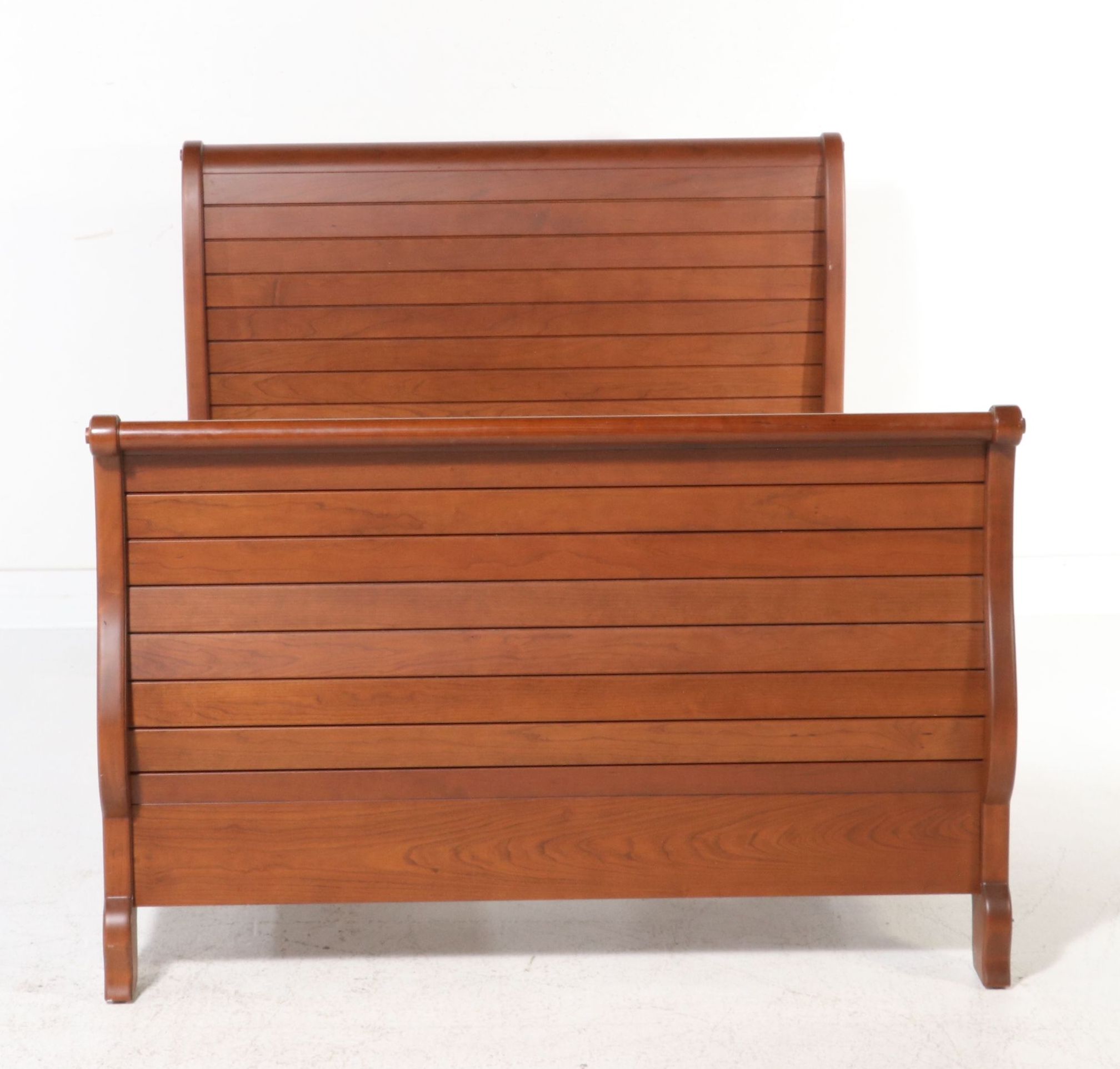 Slat-Panel Cherry Wood Sleigh Bed and Three-Drawer Nightstand