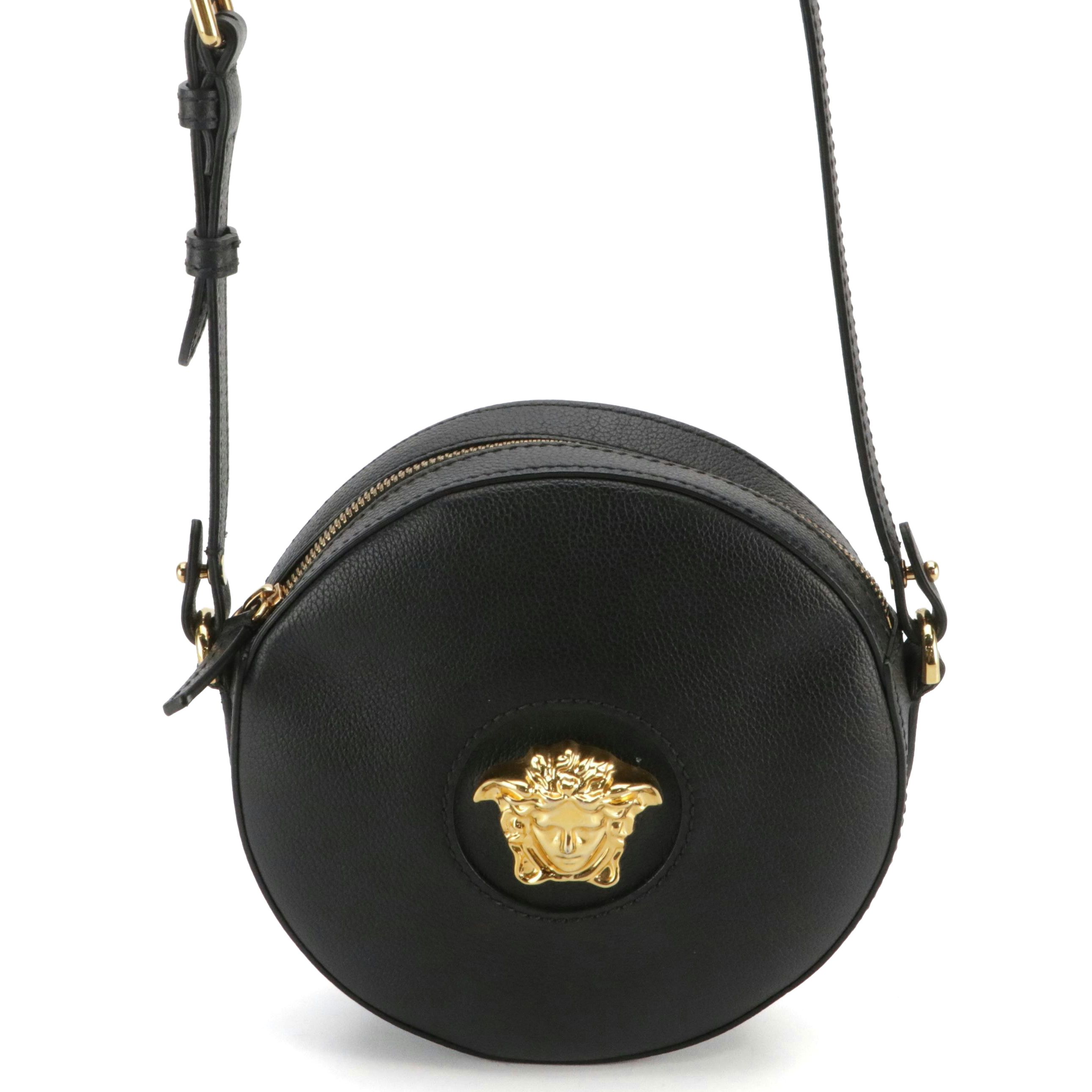 Versace Black Calfskin Grain Leather Crossbody Bag with Medusa Head