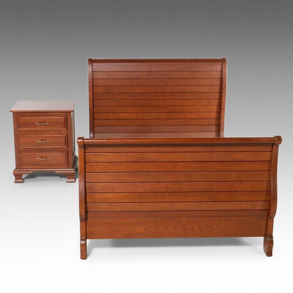 Slat-Panel Cherry Wood Sleigh Bed and Three-Drawer Nightstand