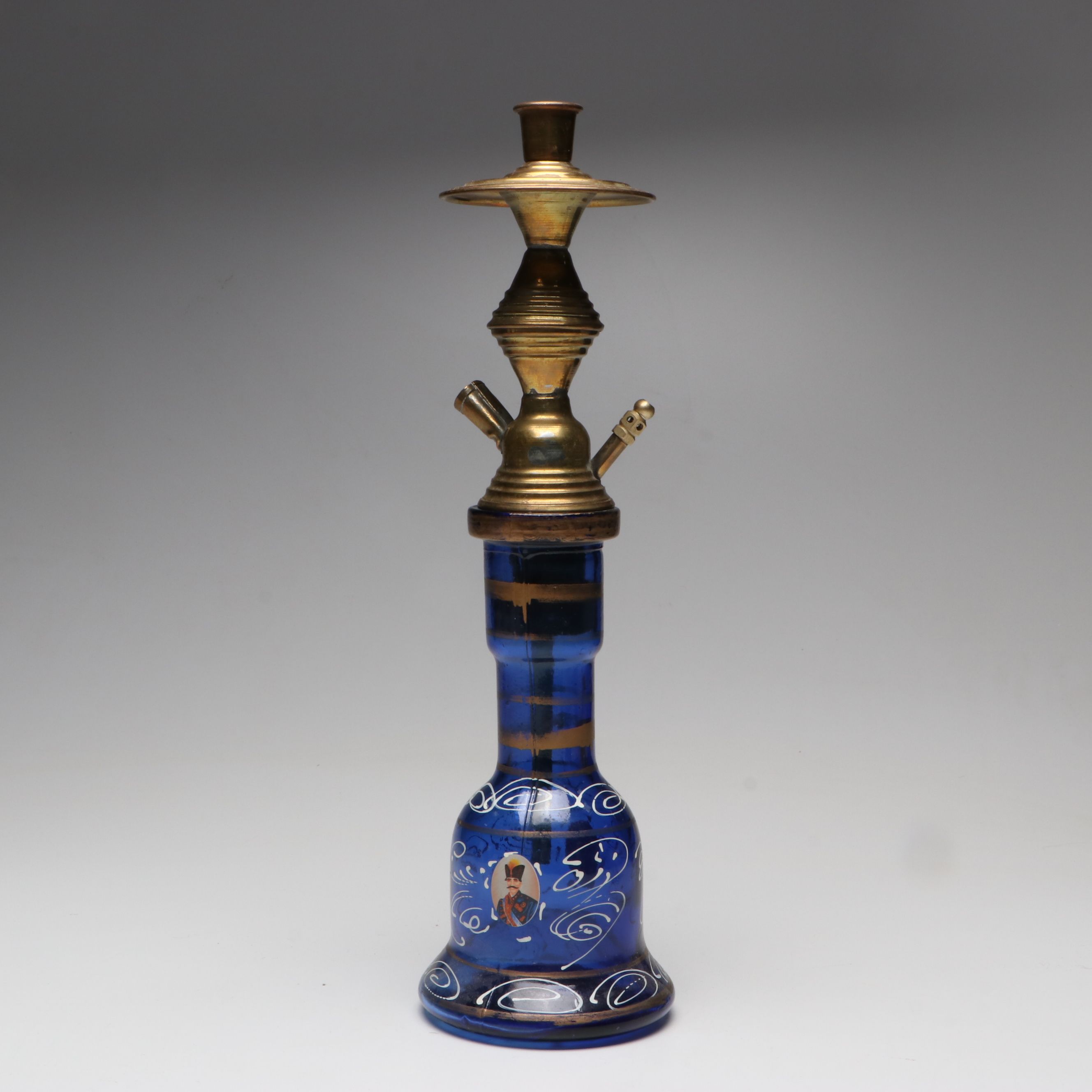 Persian Cobalt Glass Naser al-Din Shah Qajar Portrait Hookah