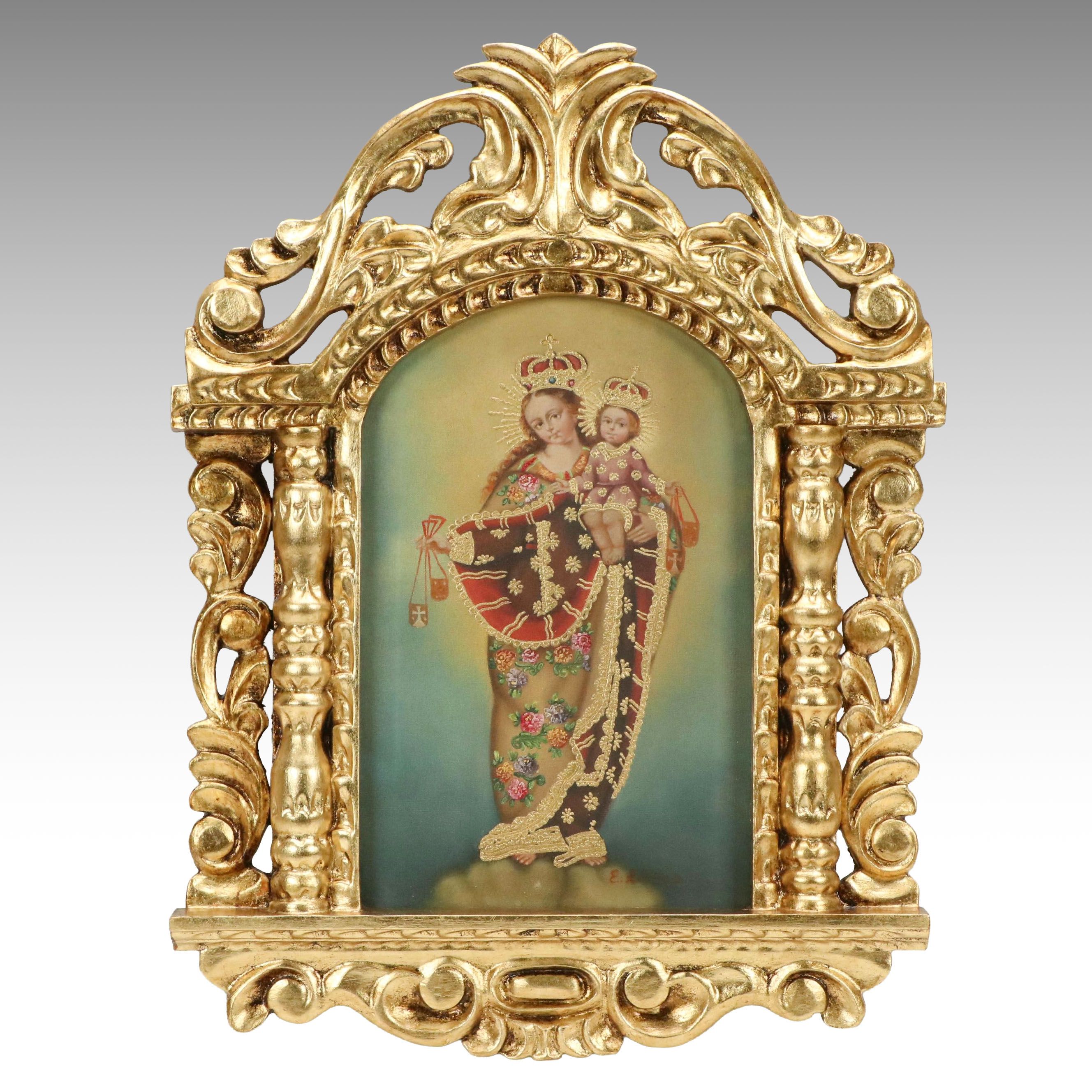 Ernesto Zúñiga Cuzco School Style Oil Painting "Virgin of Carmen"