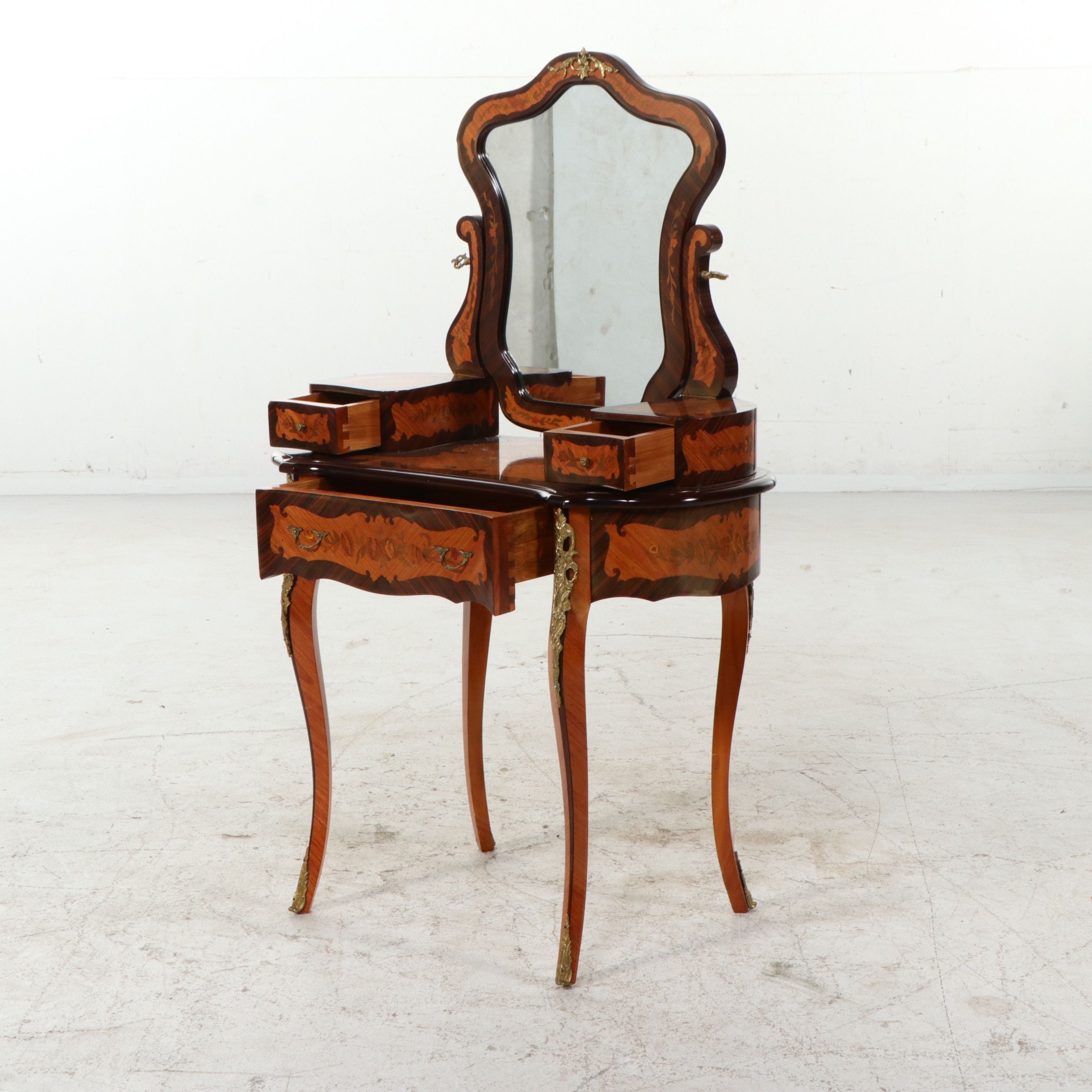 French Louis XV Style Marquetry Inlaid Vanity, Late 20th Century