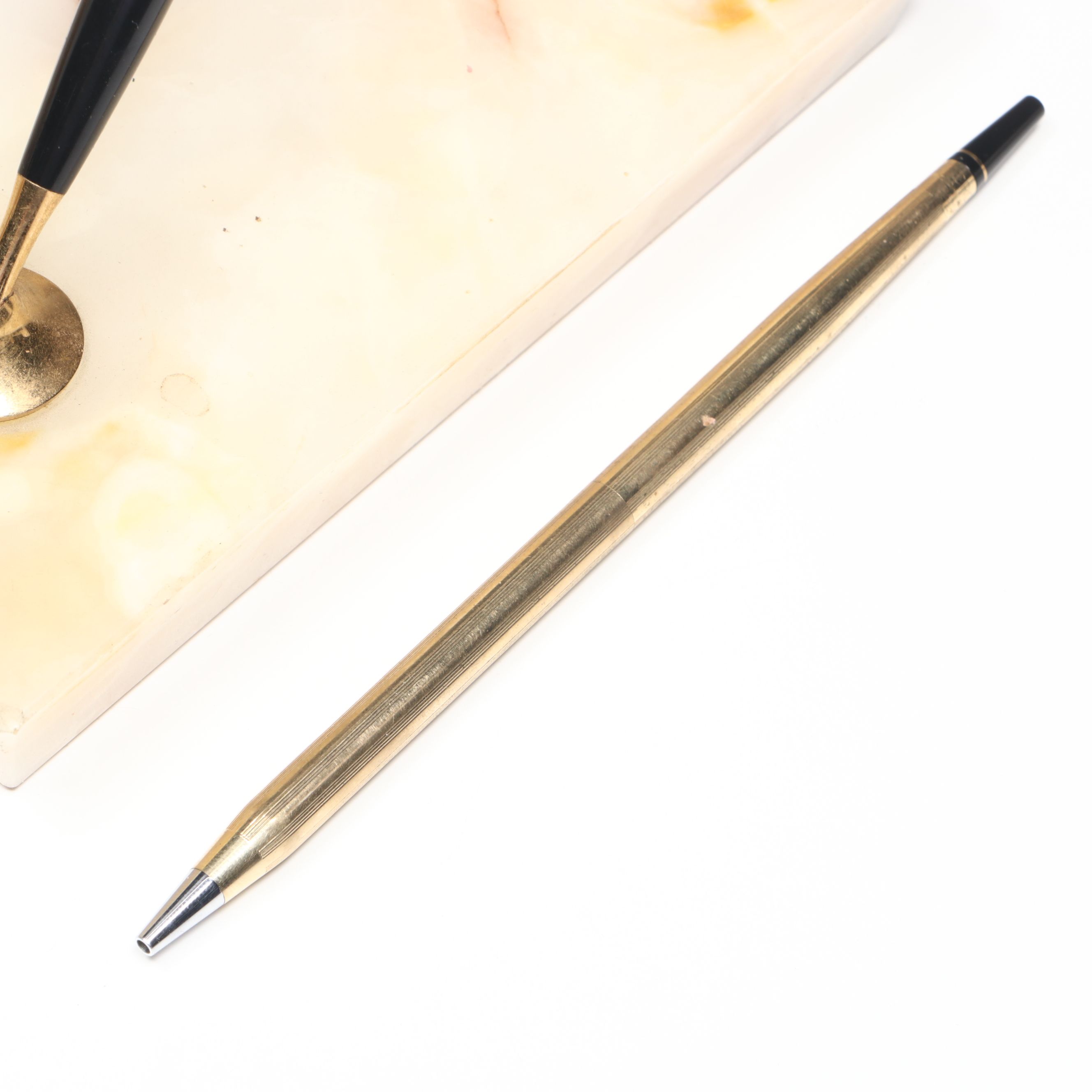 Marble Base Brass Pen Holder with Cross 10K Gold Filled Pen and Other Décor