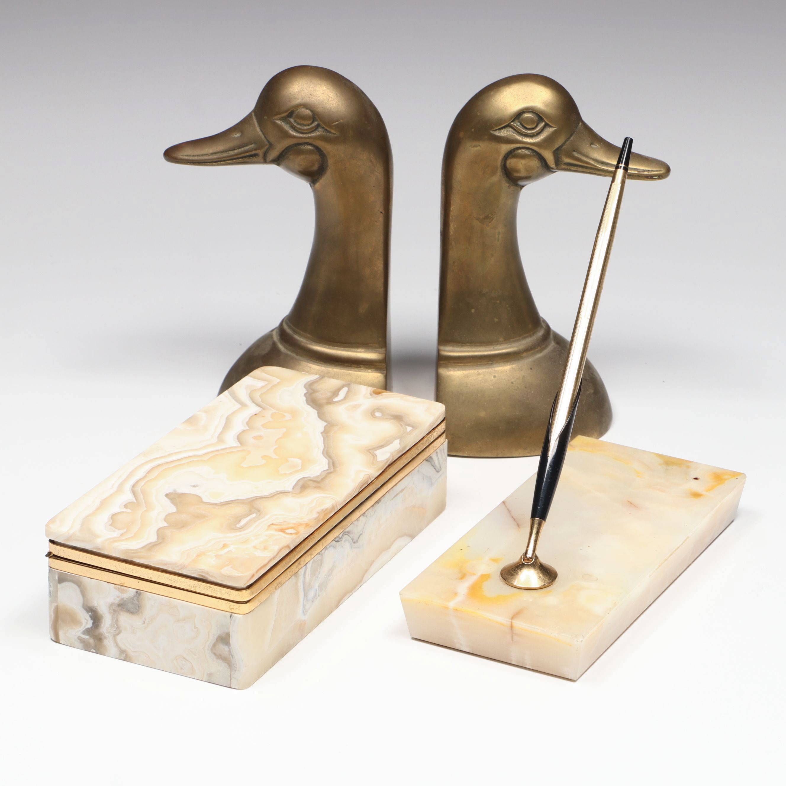 Marble Base Brass Pen Holder with Cross 10K Gold Filled Pen and Other Décor